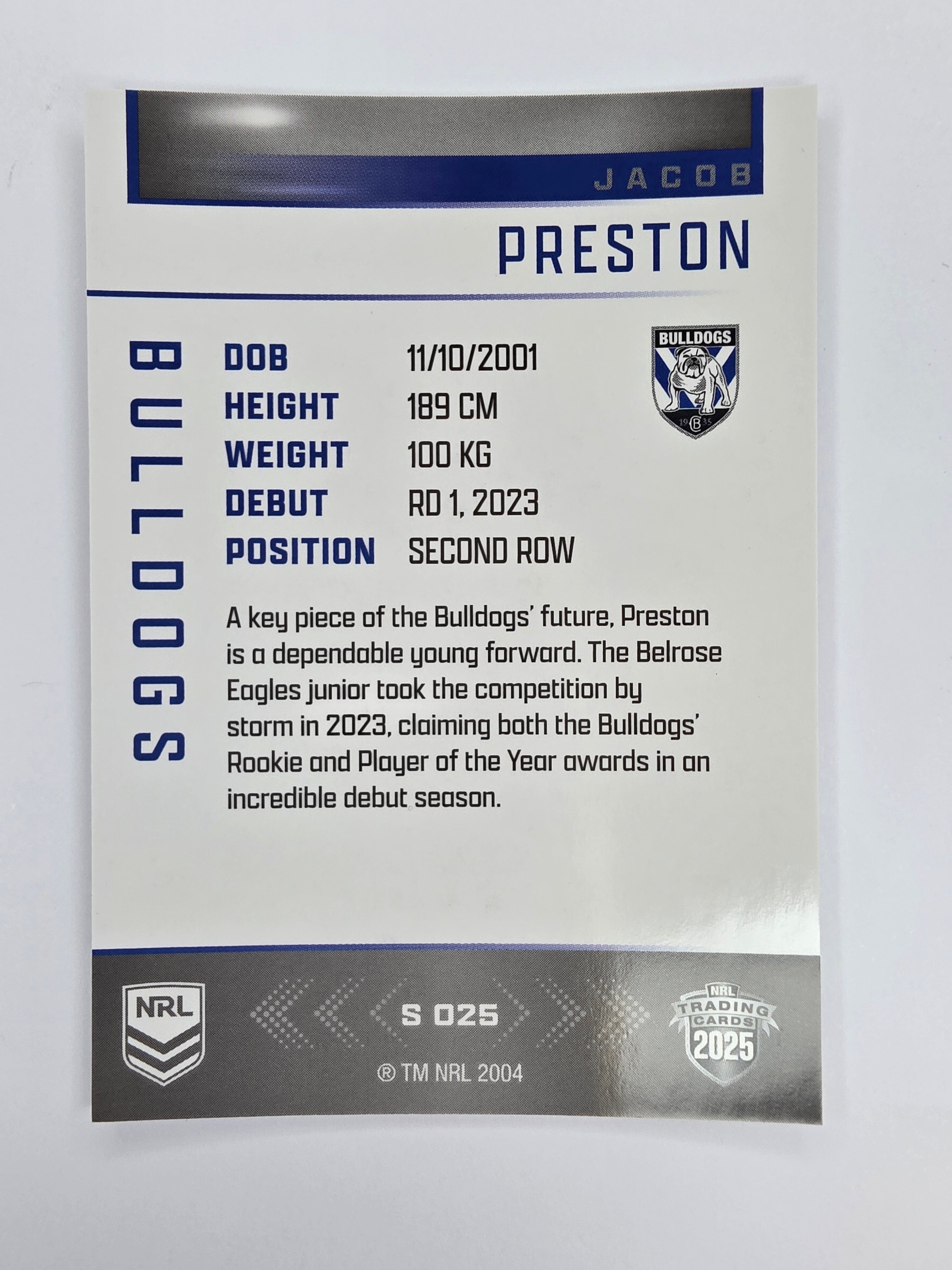 NRL 2025 Elite | Silver Parallel | #S025 | Jacob Preston | Bulldogs