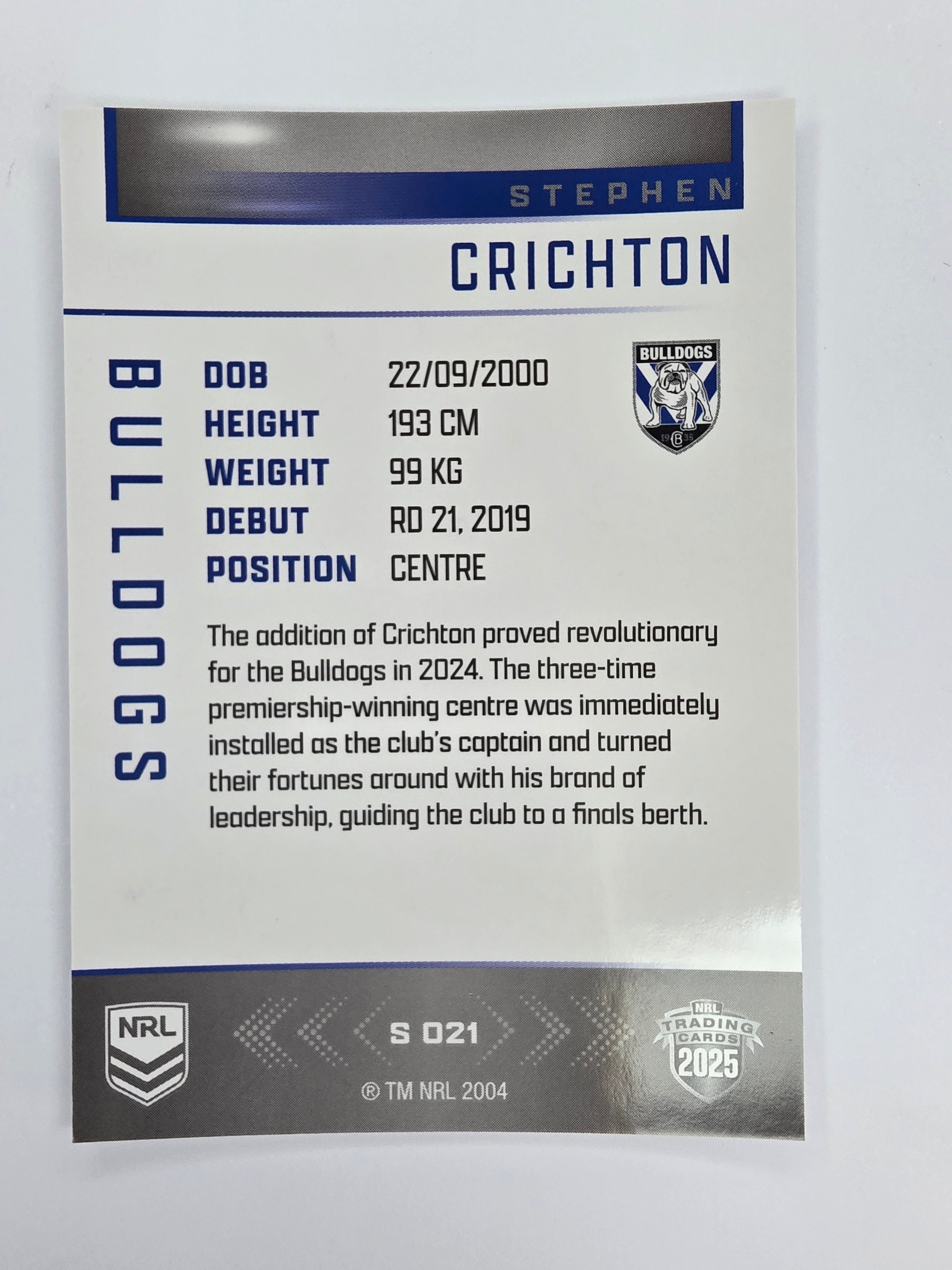 NRL 2025 Elite | Silver Parallel | #S021 | Stephen Crichton | Bulldogs