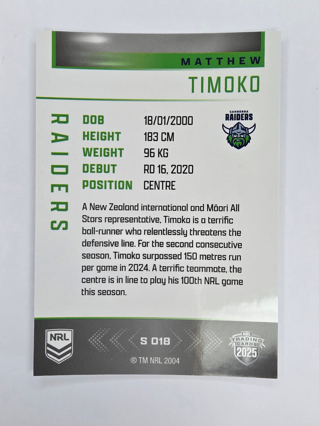 NRL 2025 Elite | Silver Parallel | #S018 | Matthew Timoko | Raiders
