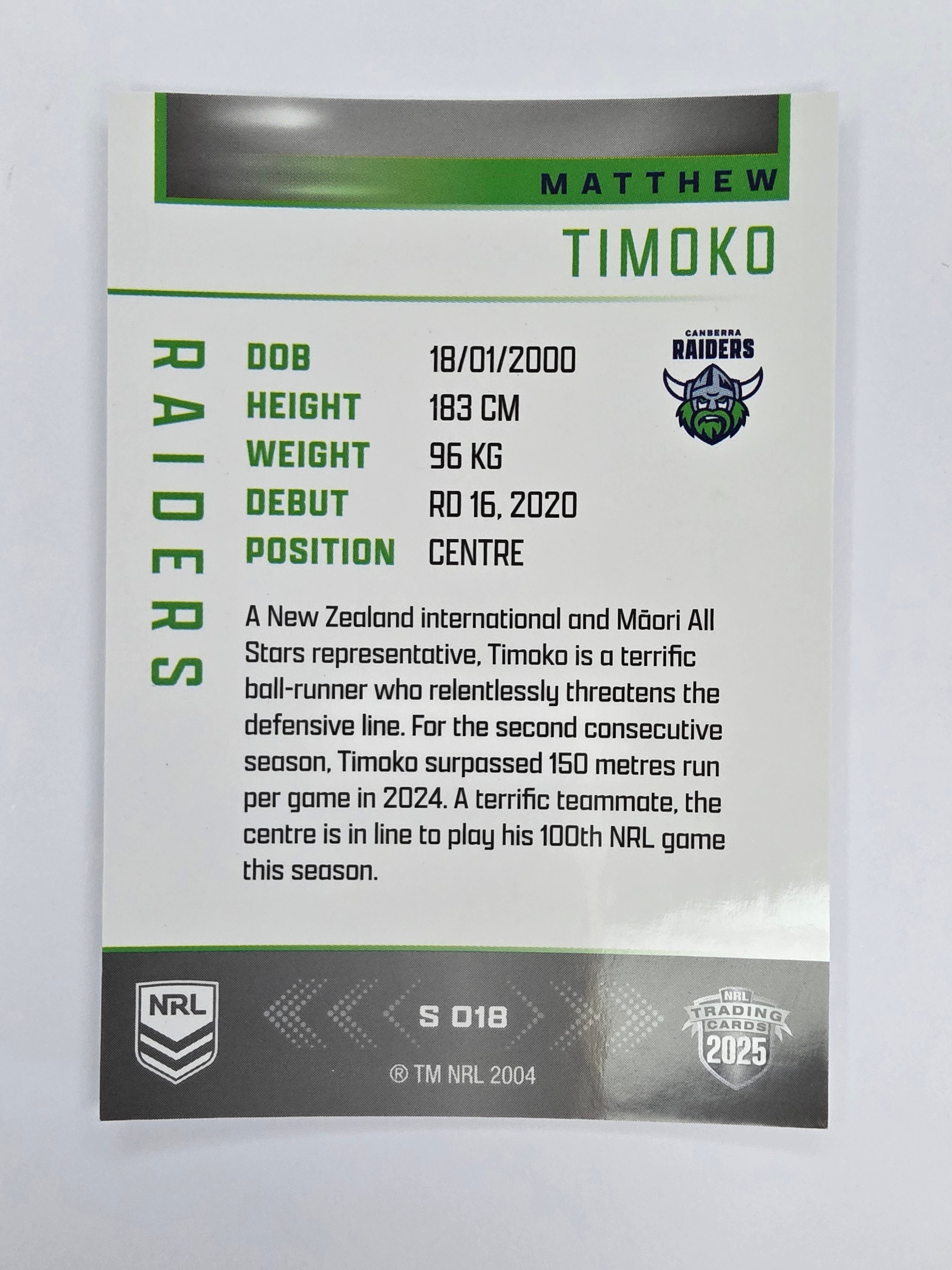 NRL 2025 Elite | Silver Parallel | #S018 | Matthew Timoko | Raiders