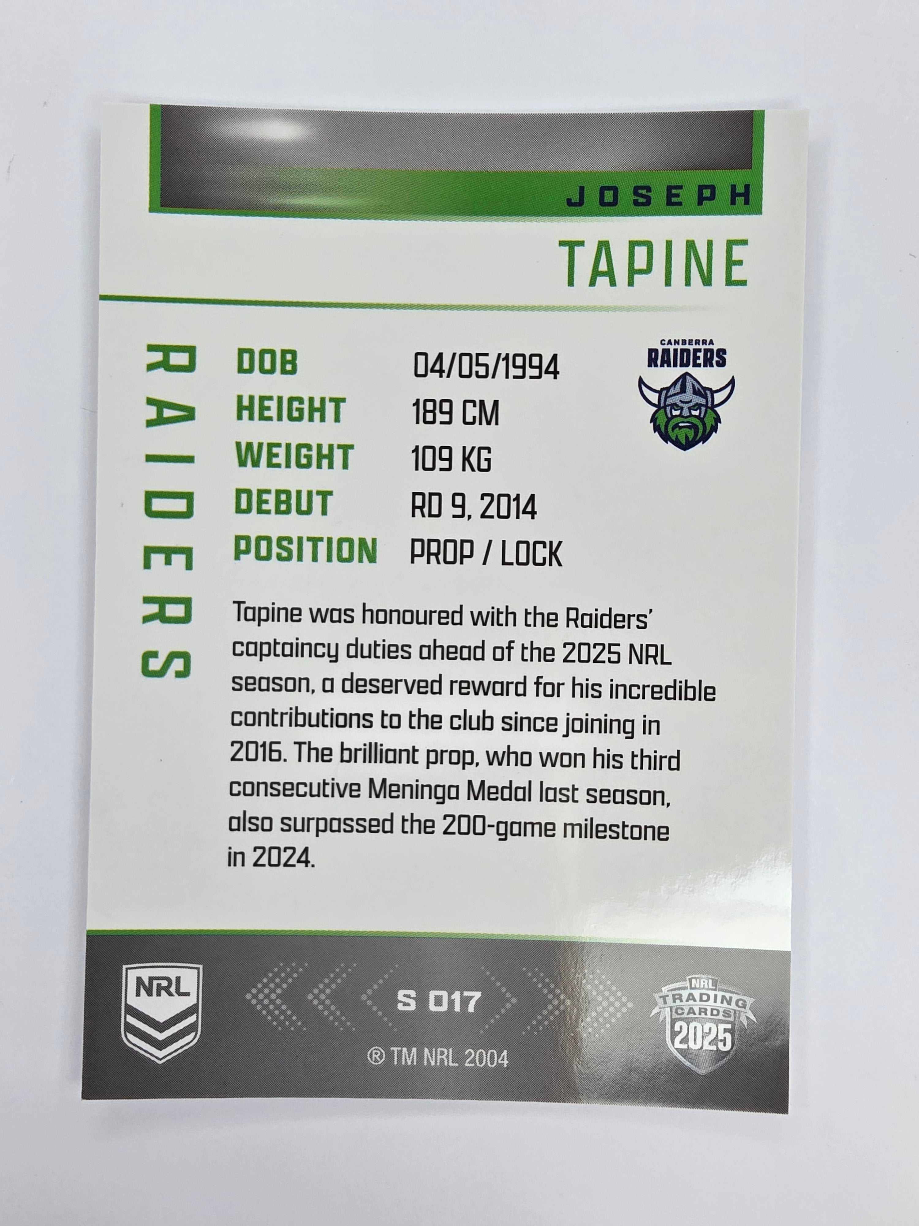 NRL 2025 Elite | Silver Parallel | #S017 | Joseph Tapine | Raiders