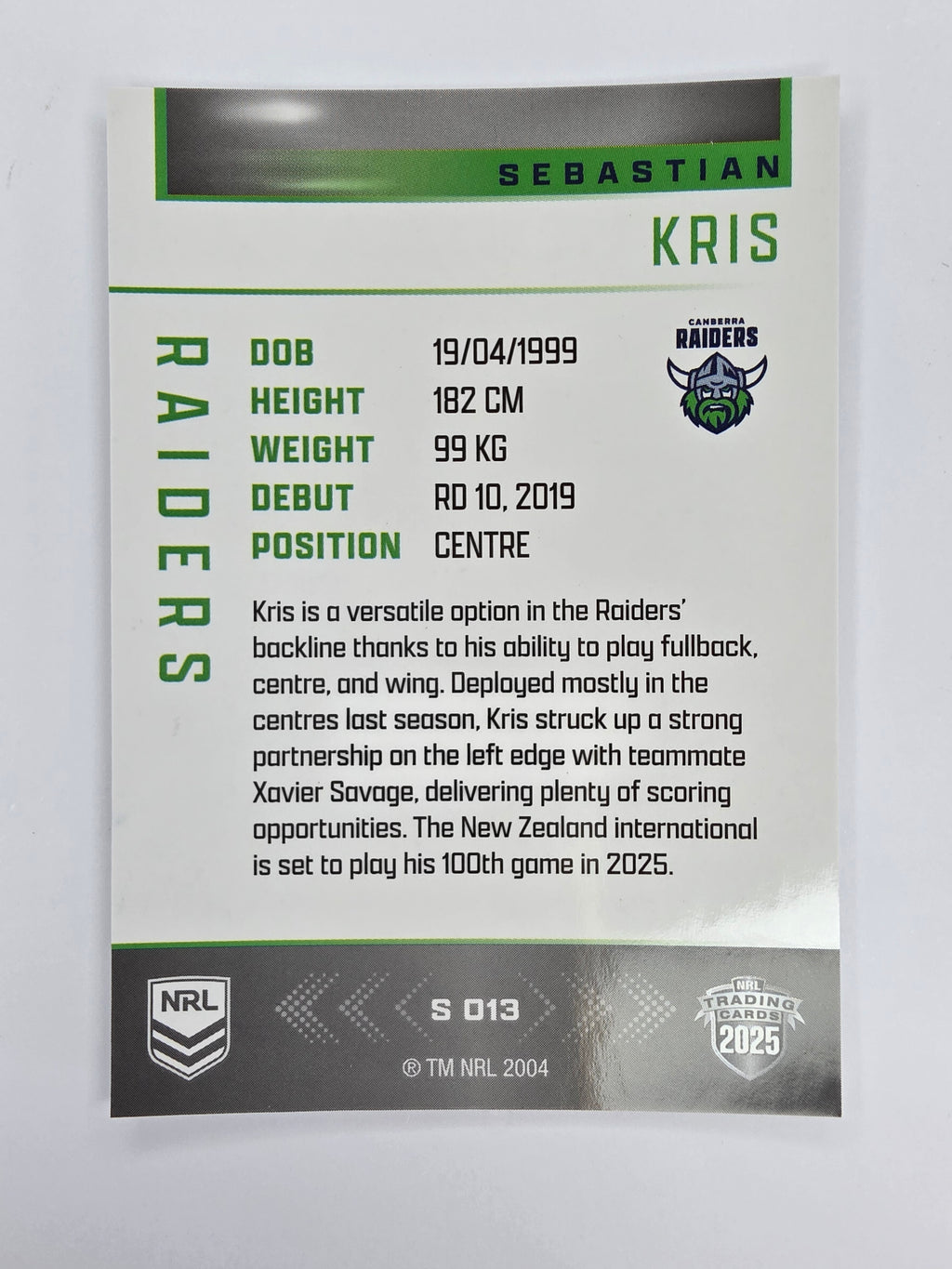NRL 2025 Elite | Silver Parallel | #S013 | Sebastian Kris | Raiders