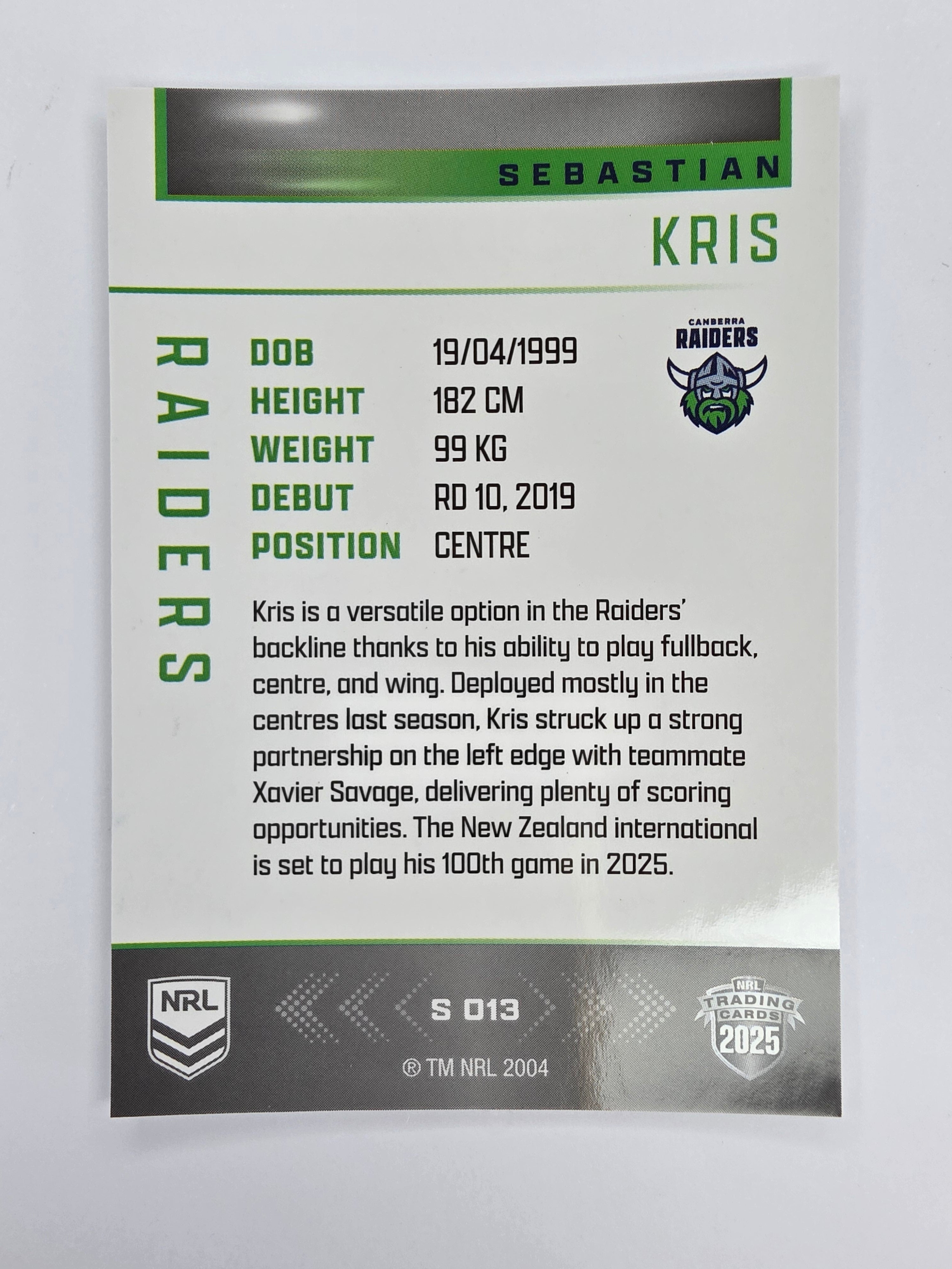 NRL 2025 Elite | Silver Parallel | #S013 | Sebastian Kris | Raiders