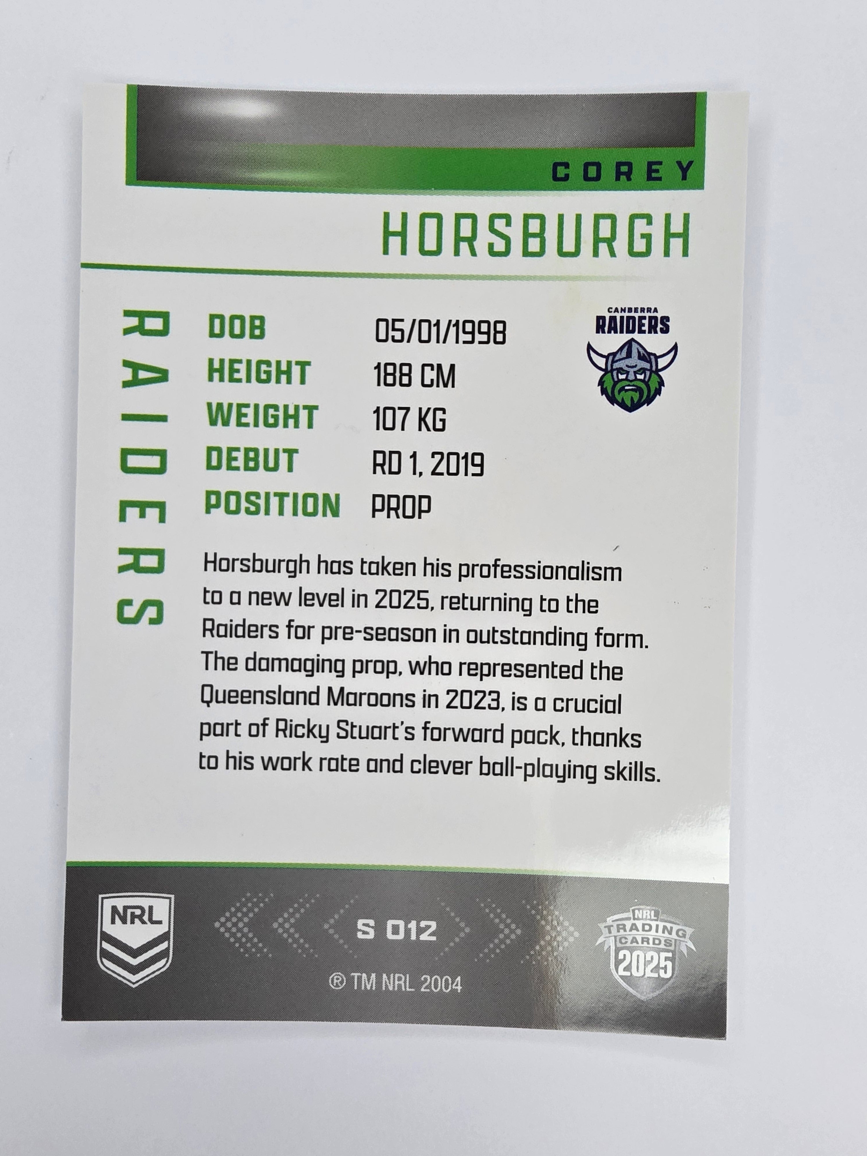 NRL 2025 Elite | Silver Parallel | #S012 | Corey Horsburgh | Raiders