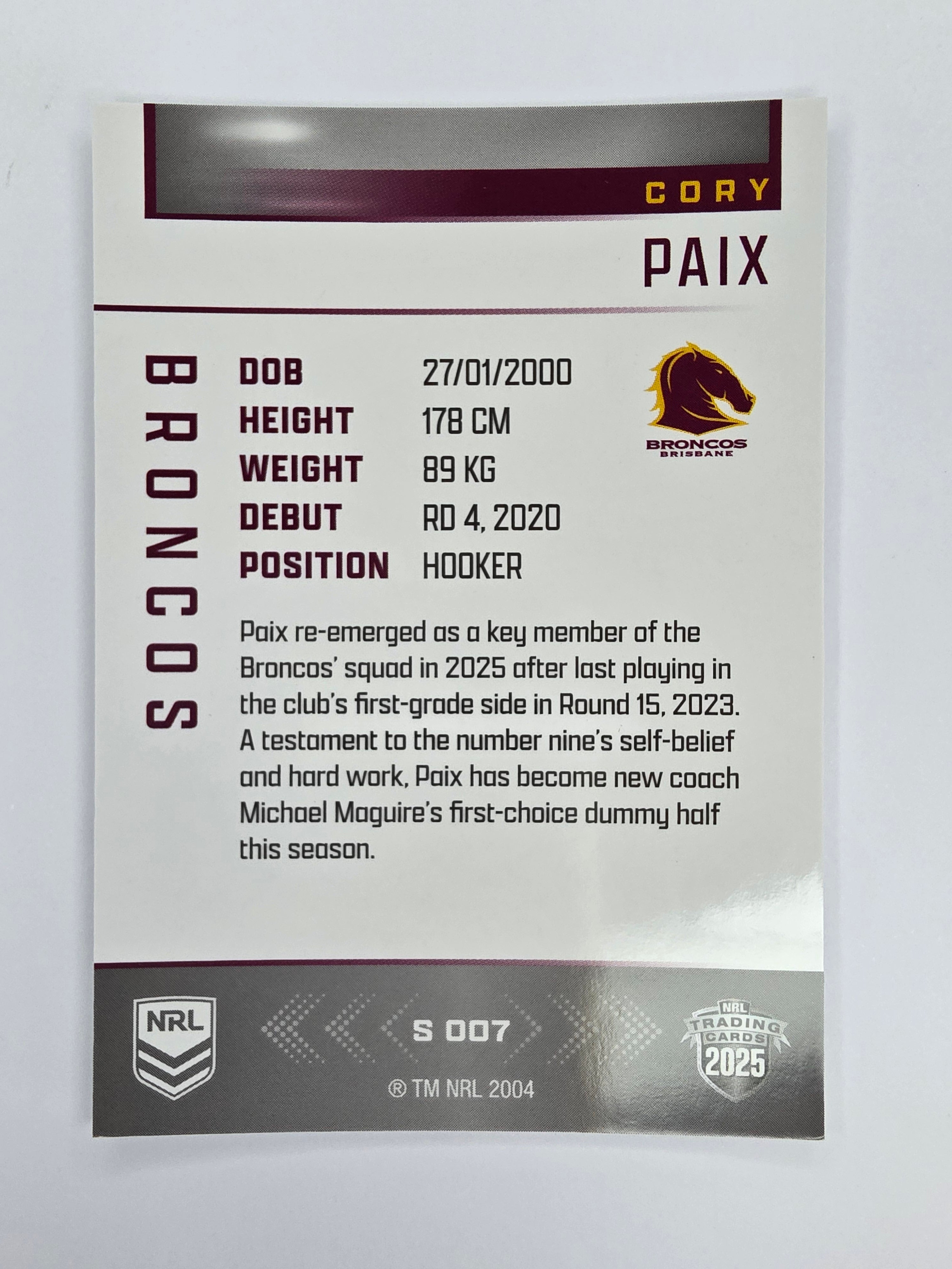 NRL 2025 Elite | Silver Parallel | #S007 | Cory Paix | Broncos