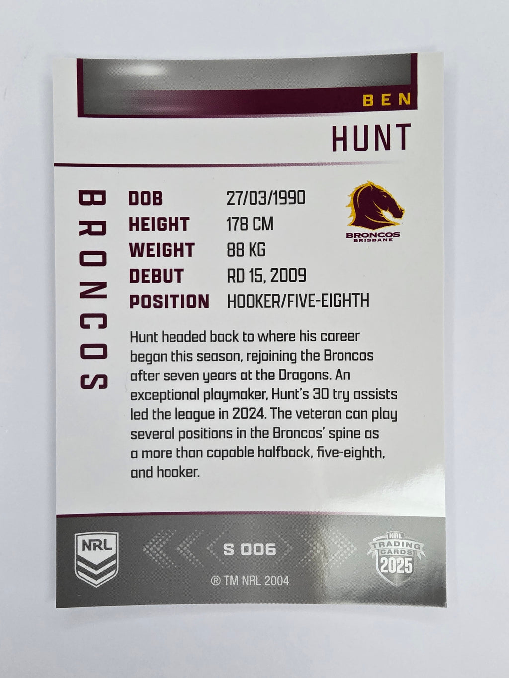 NRL 2025 Elite | Silver Parallel | #S006 | Ben Hunt | Broncos
