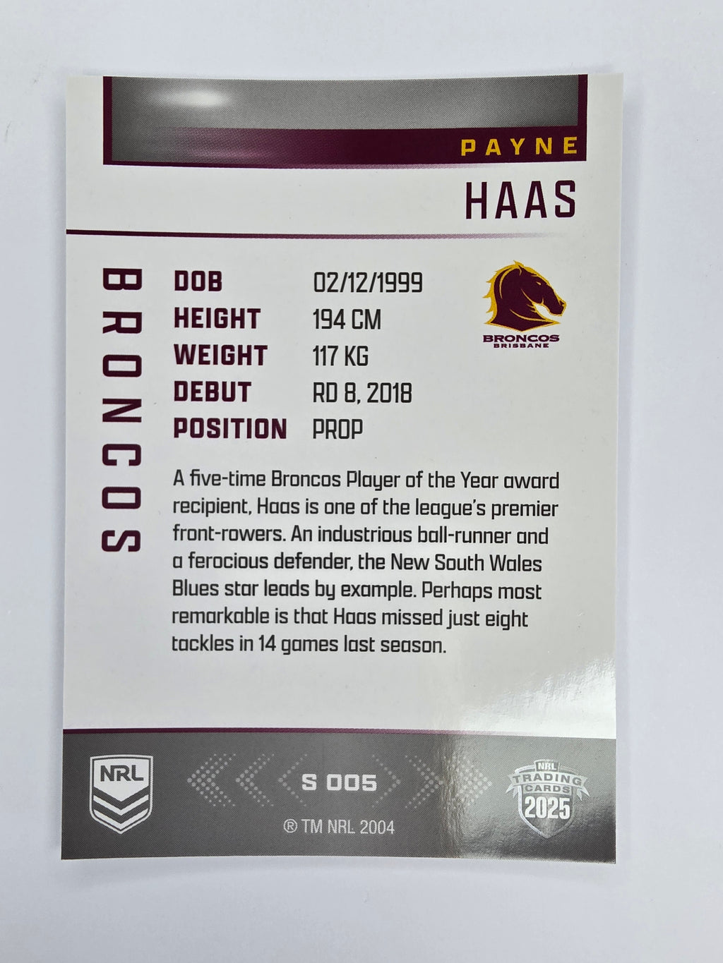 NRL 2025 Elite | Silver Parallel | #S005 | Payne Haas | Broncos