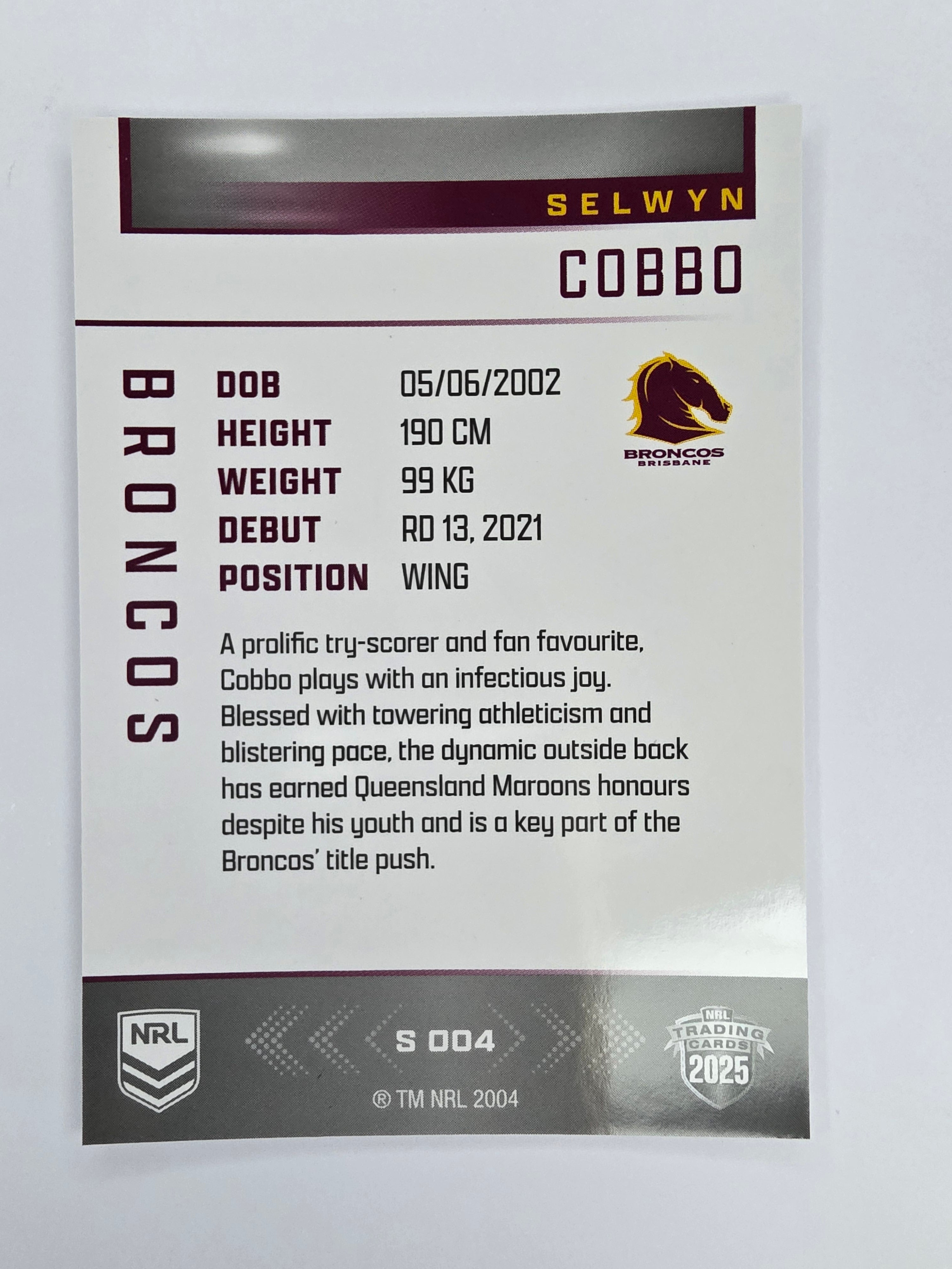 NRL 2025 Elite | Silver Parallel | #S004 | Selwyn Cobbo | Broncos