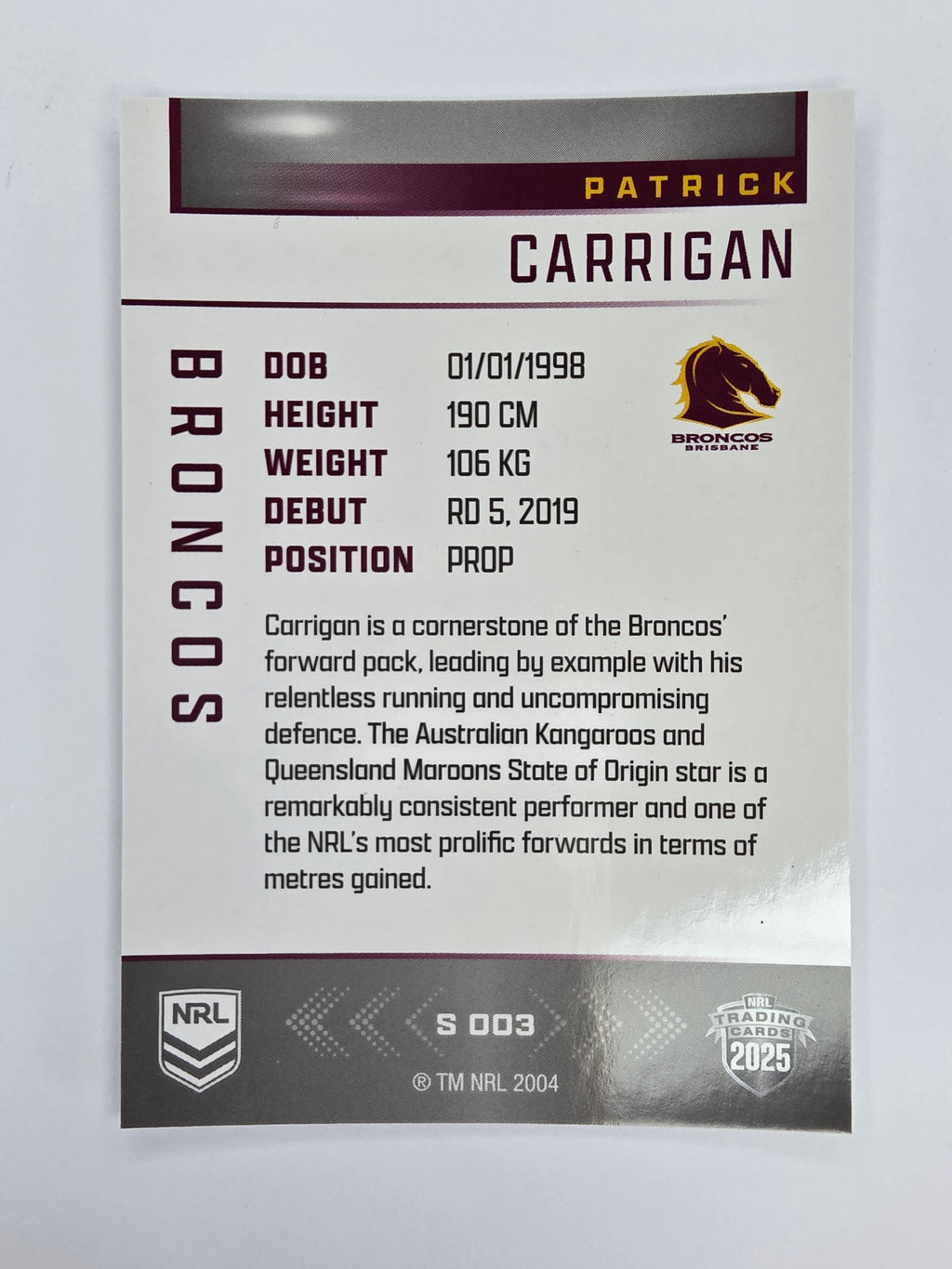 NRL 2025 Elite | Silver Parallel | #S003 | Patrick Carrigan | Broncos