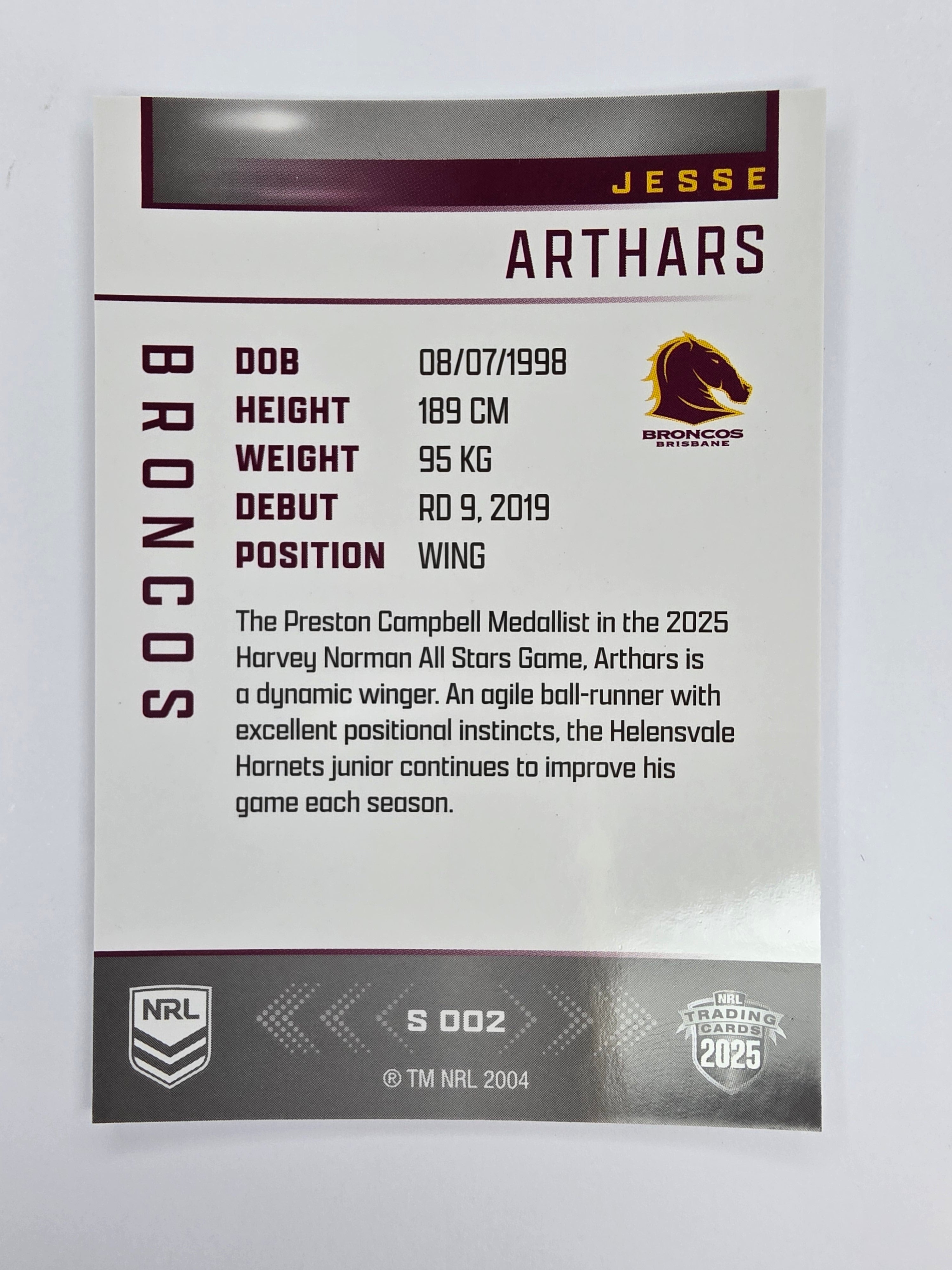 NRL 2025 Elite | Silver Parallel | #S002 | Jesse Arthars | Broncos