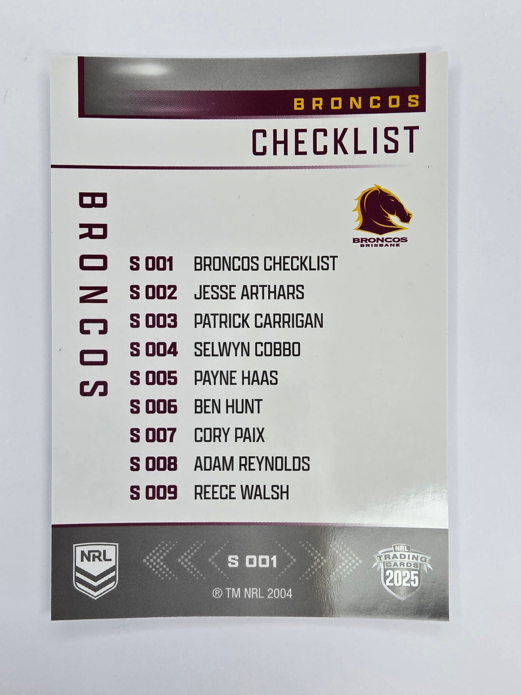 NRL 2025 Elite | Silver Parallel | #S001 | Checklist | Broncos