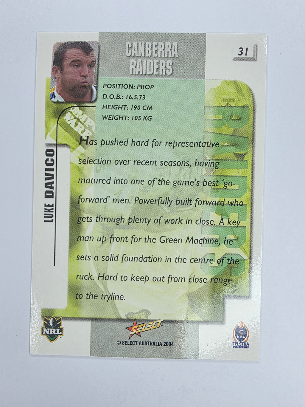 NRL 2004 Authentic Base Card #31 Luke Davico Canberra Raiders
