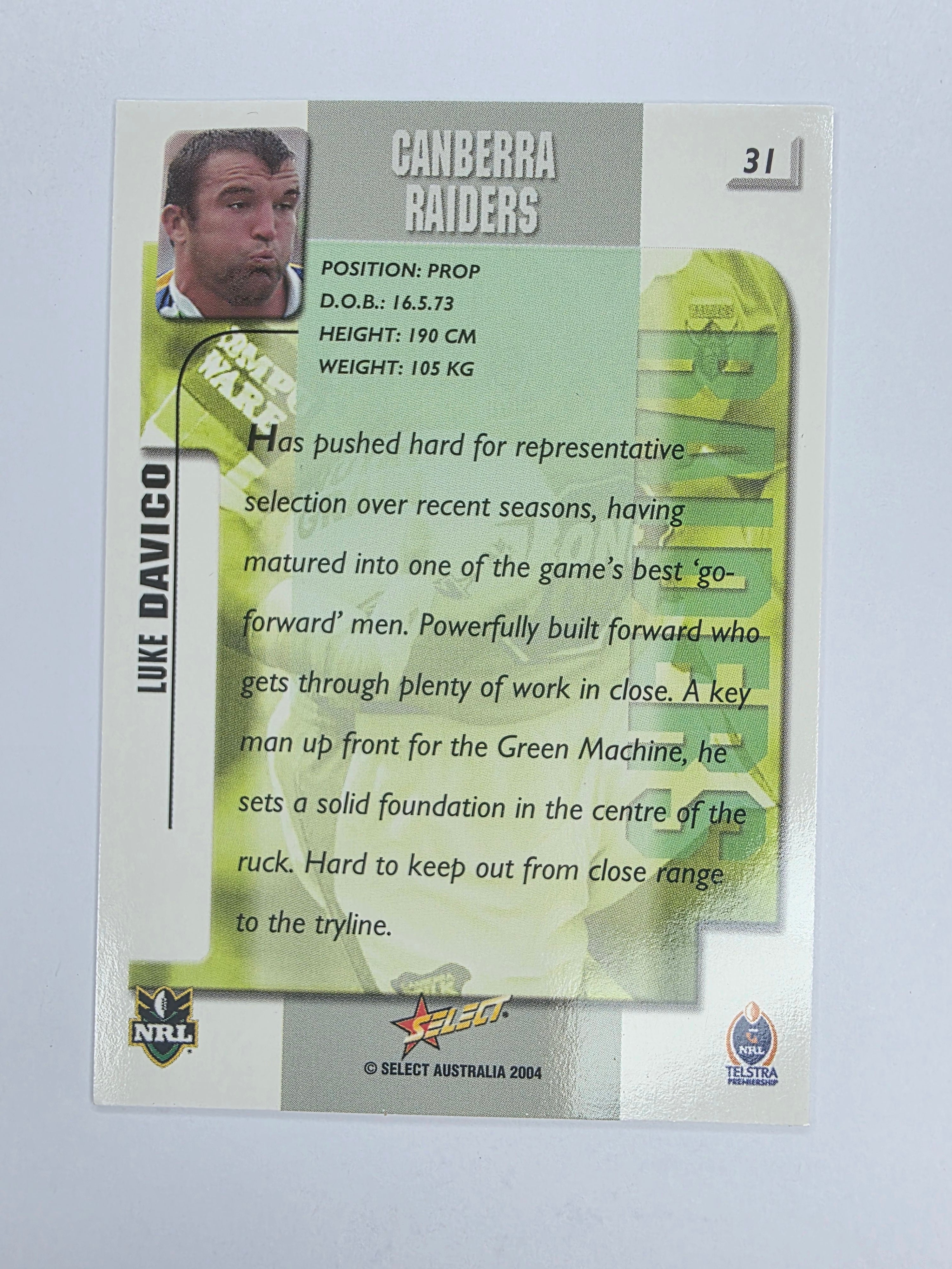 NRL 2004 Authentic Base Card #31 Luke Davico Canberra Raiders