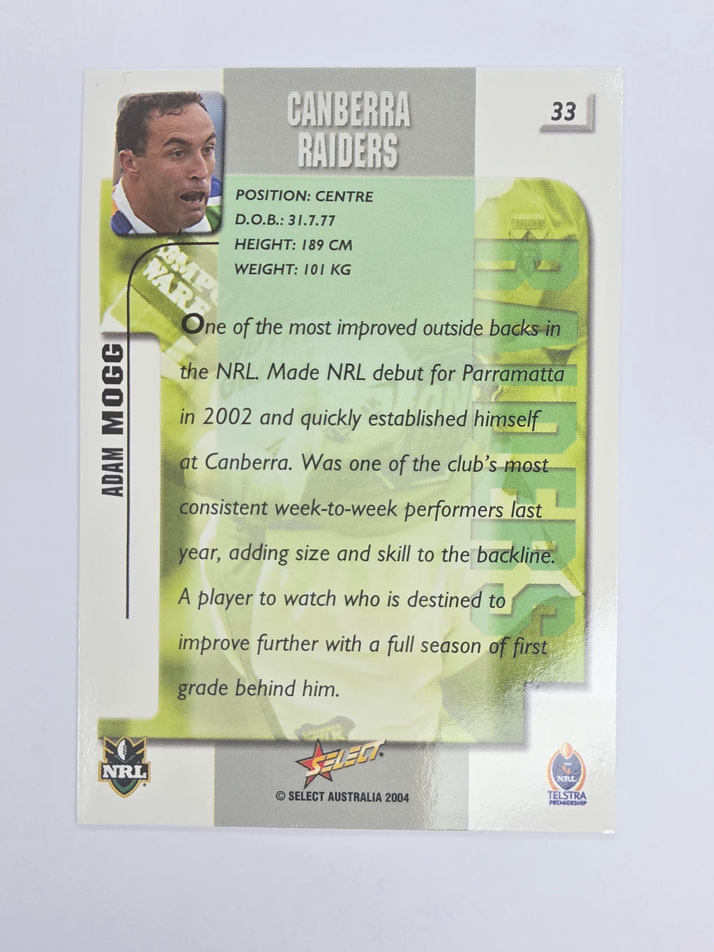 NRL 2004 Authentic Base Card #33 Adam Mogg Canberra Raiders