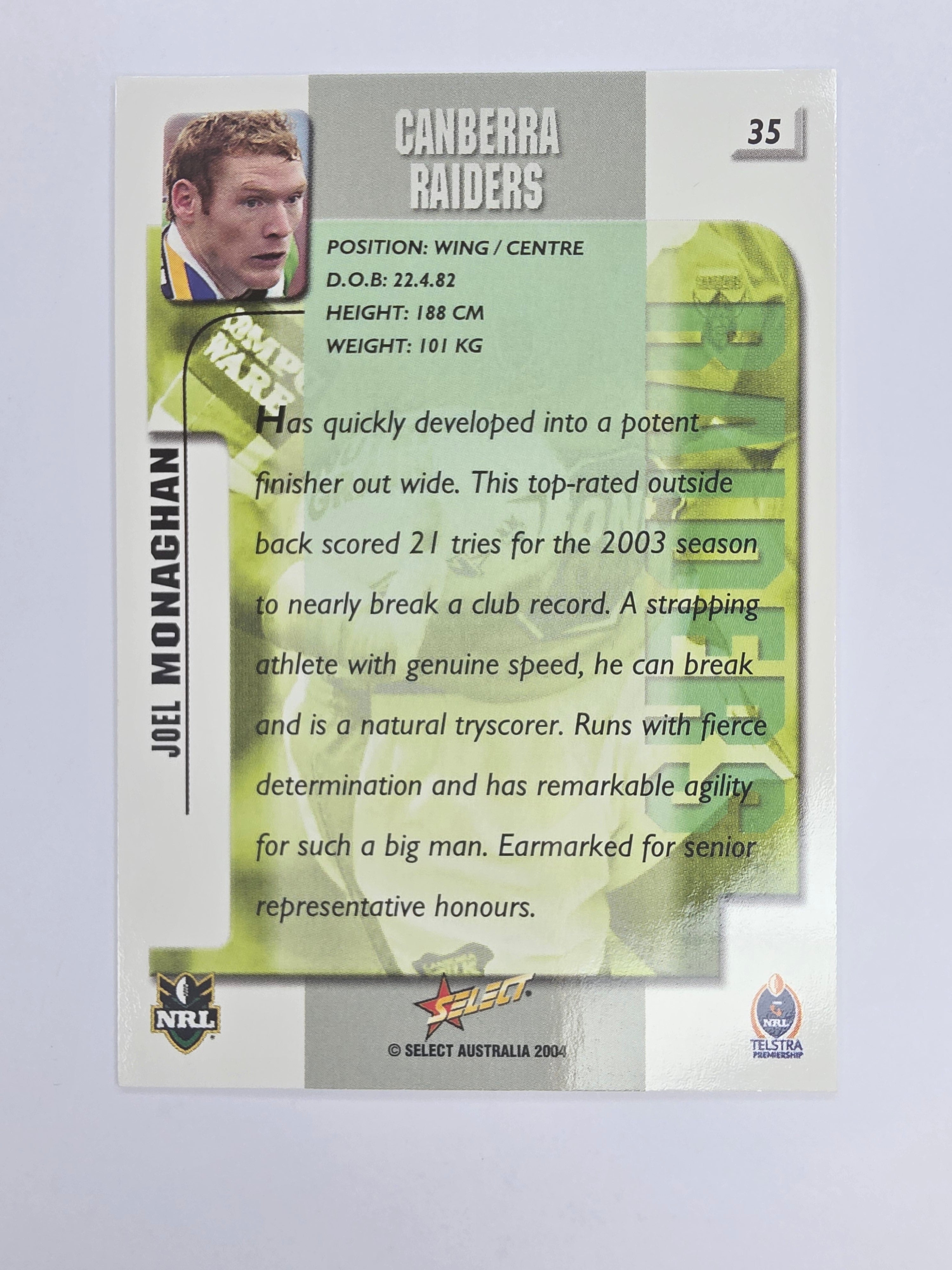 NRL 2004 Authentic Base Card #35 Joel Monaghan Canberra Raiders