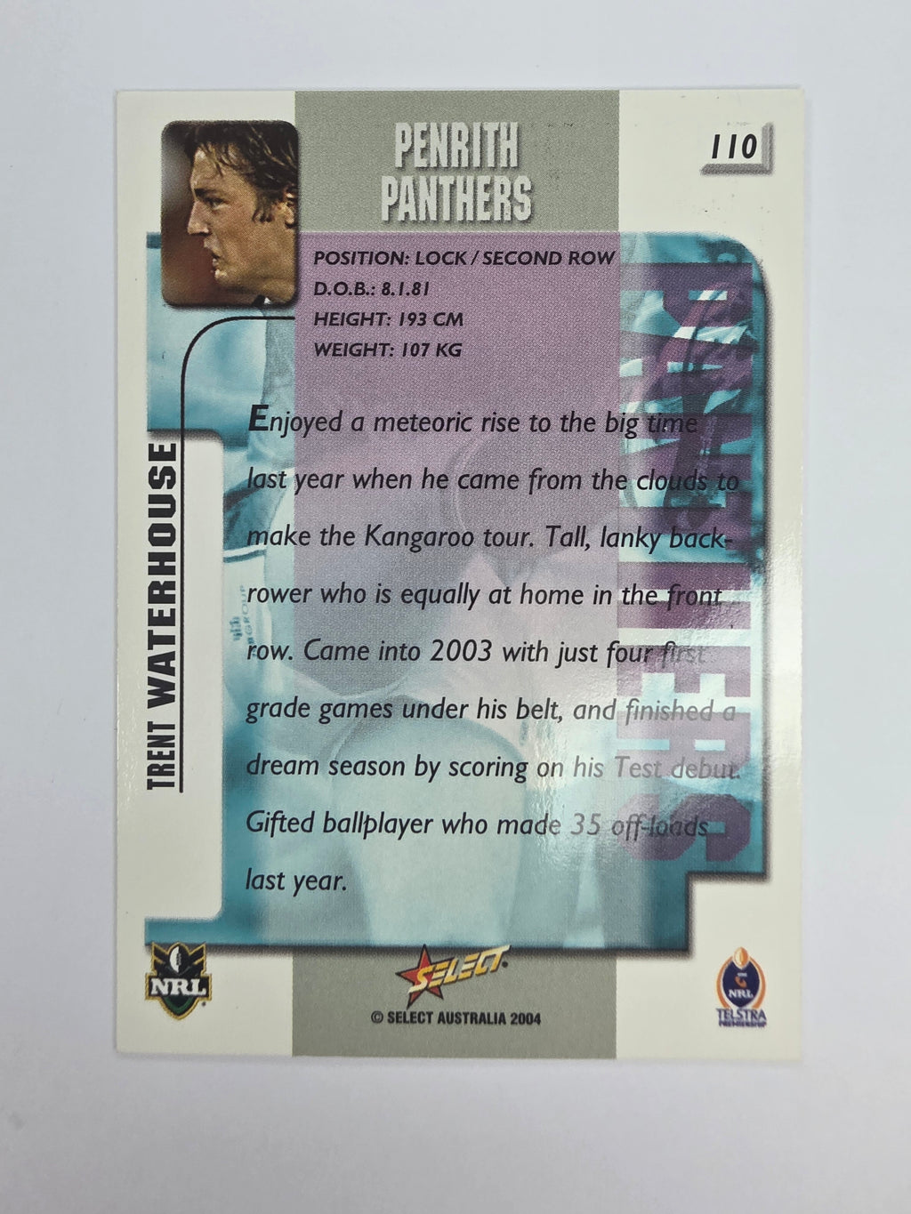 NRL 2004 Authentic Base Card #110 Trent Waterhouse Penrith Panthers