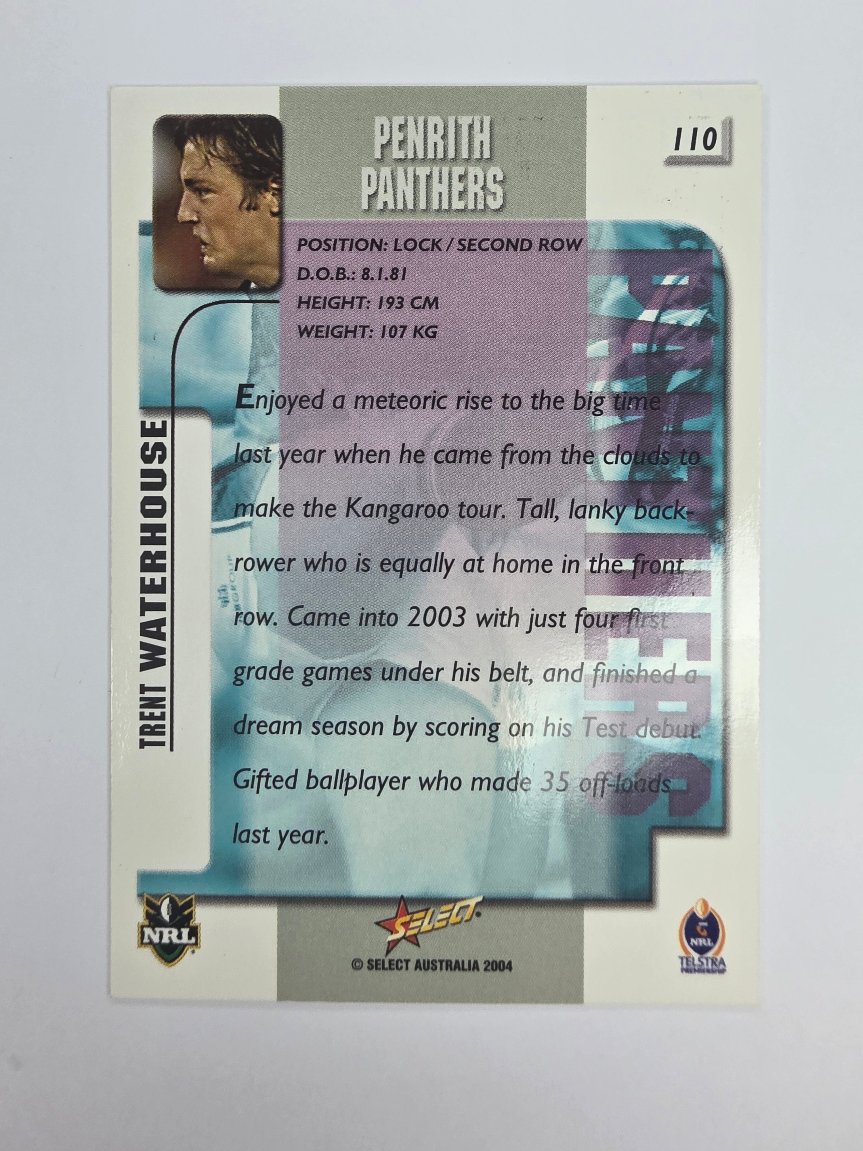 NRL 2004 Authentic Base Card #110 Trent Waterhouse Penrith Panthers
