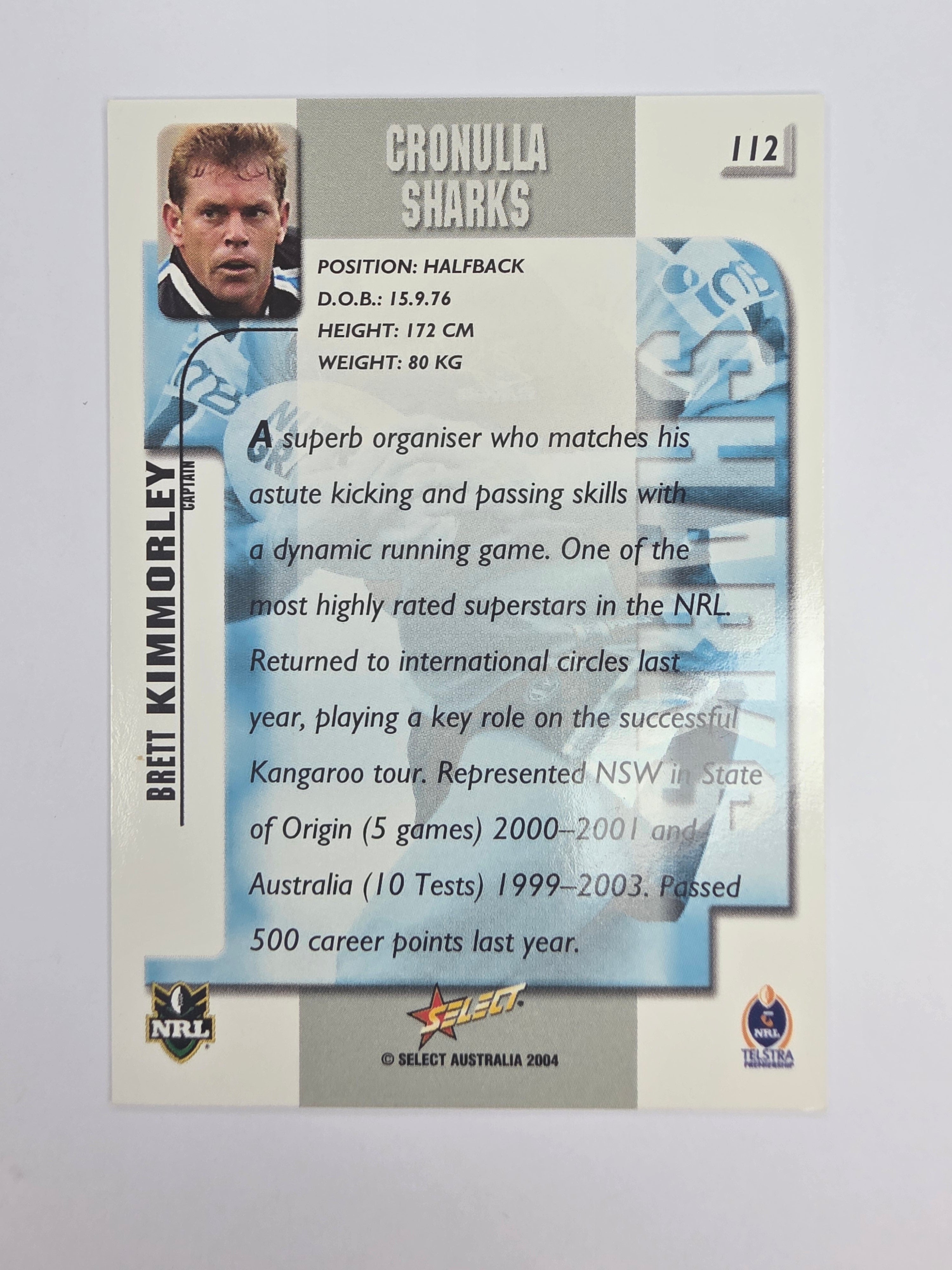 NRL 2004 Authentic Base Card #112 Brett Kimmorley Cronulla-Sutherland Sharks