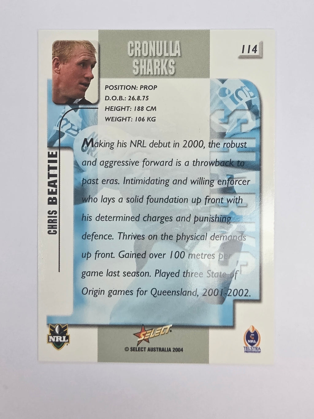 NRL 2004 Authentic Base Card #114 Chris Beattie Cronulla-Sutherland Sharks