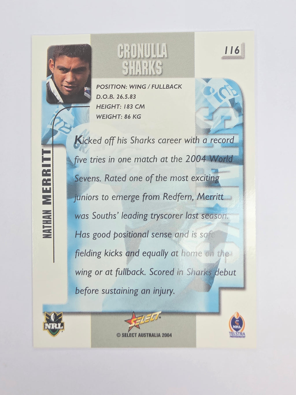 NRL 2004 Authentic Base Card #116 Nathan Merritt Cronulla-Sutherland Sharks