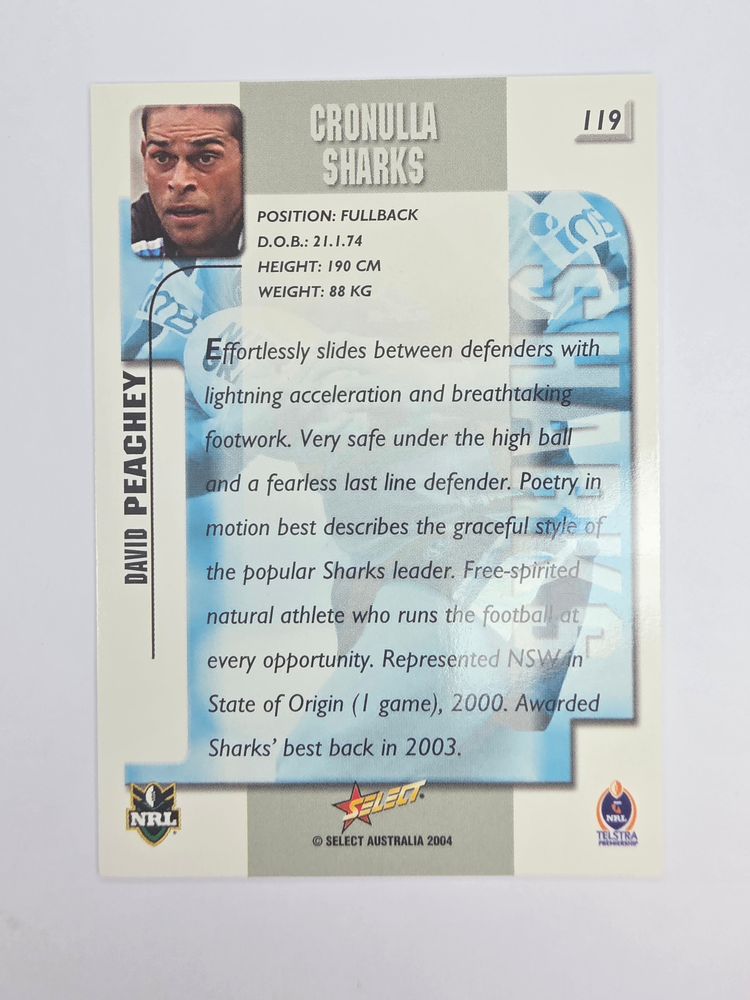 NRL 2004 Authentic Base Card #119 David Peachey Cronulla-Sutherland Sharks