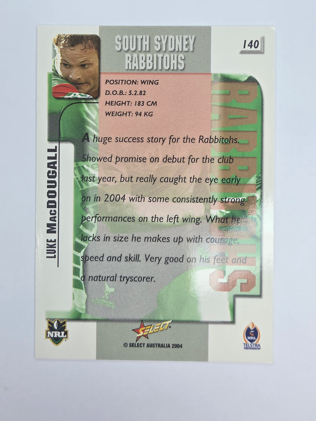 NRL 2004 Authentic Base Card #140 Luke MacDougall South Sydney Rabbitohs