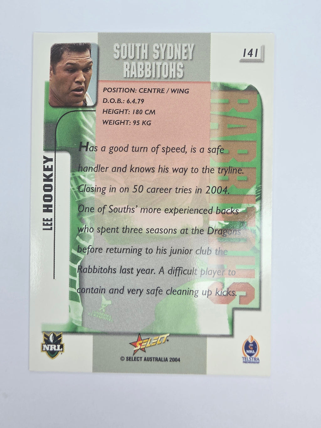 NRL 2004 Authentic Base Card #141 Lee Hookey South Sydney Rabbitohs