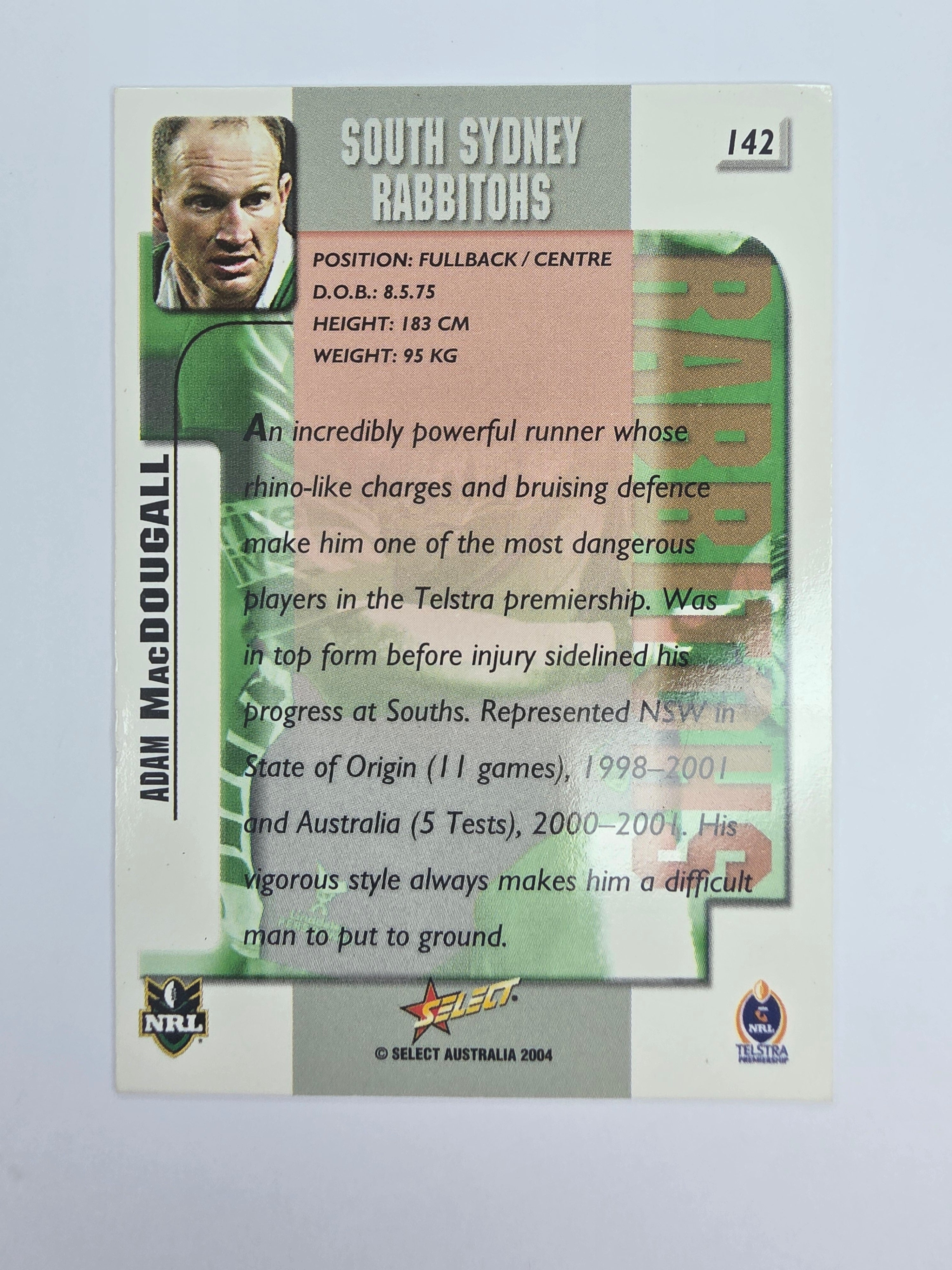 NRL 2004 Authentic Base Card #142 Adam MacDougall South Sydney Rabbitohs