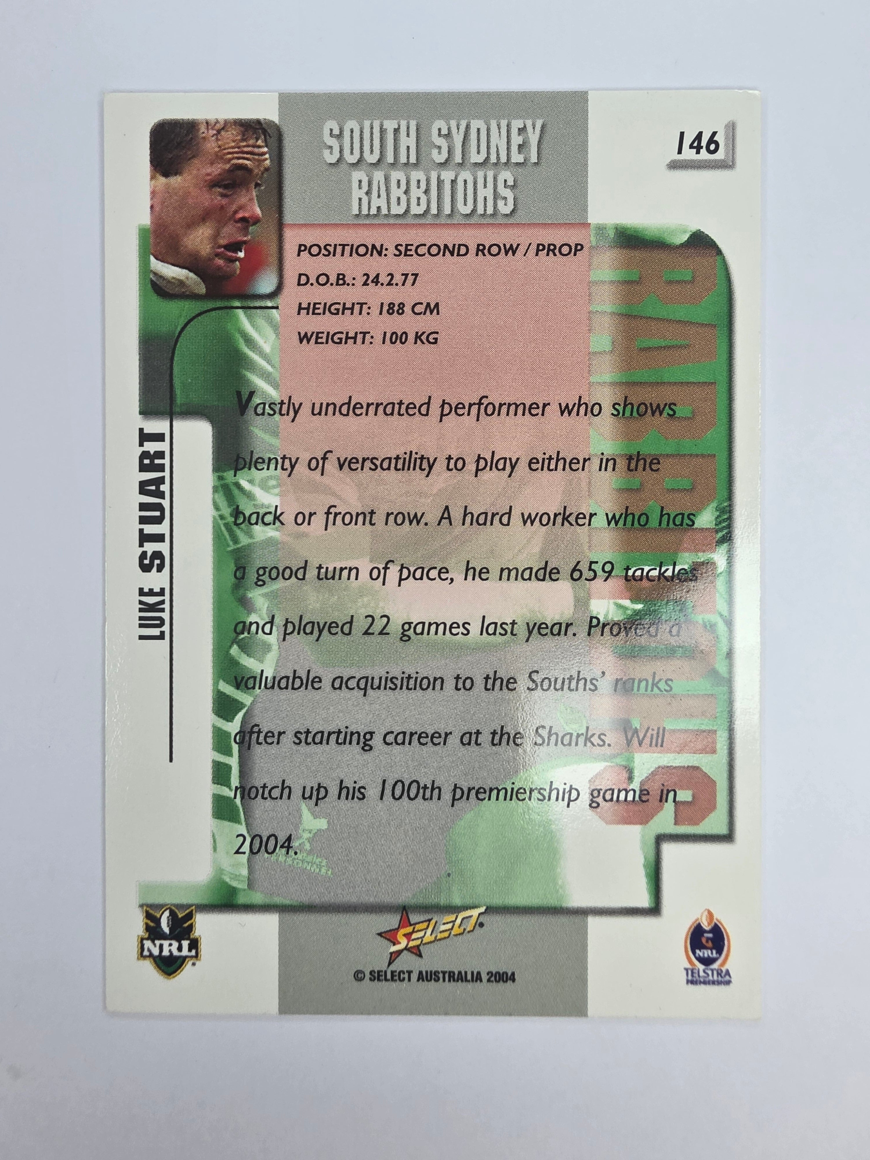 NRL 2004 Authentic Base Card #146 Luke Stuart South Sydney Rabbitohs