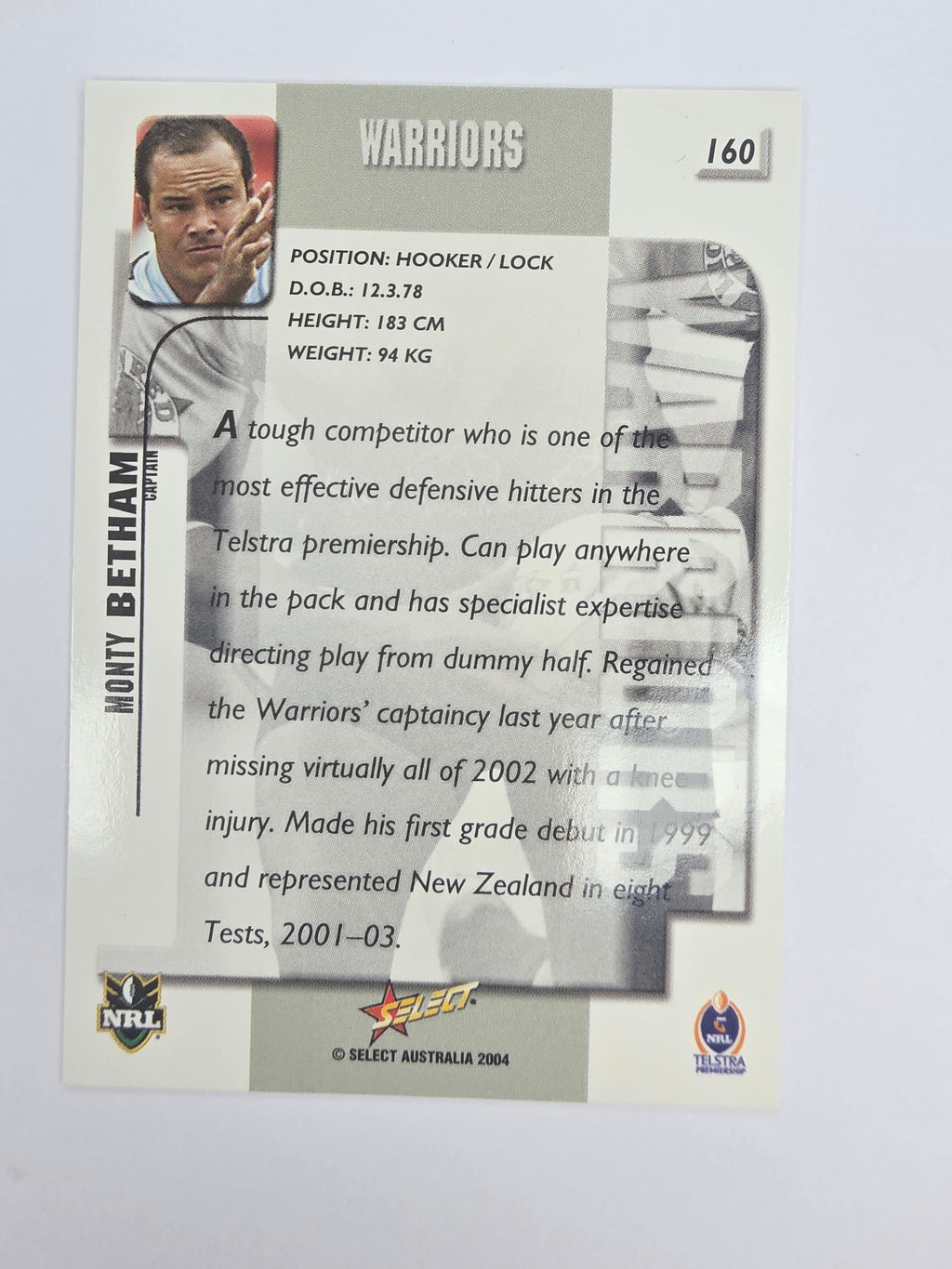 NRL 2004 Authentic Base Card #160 Monty Betham New Zealand Warriors