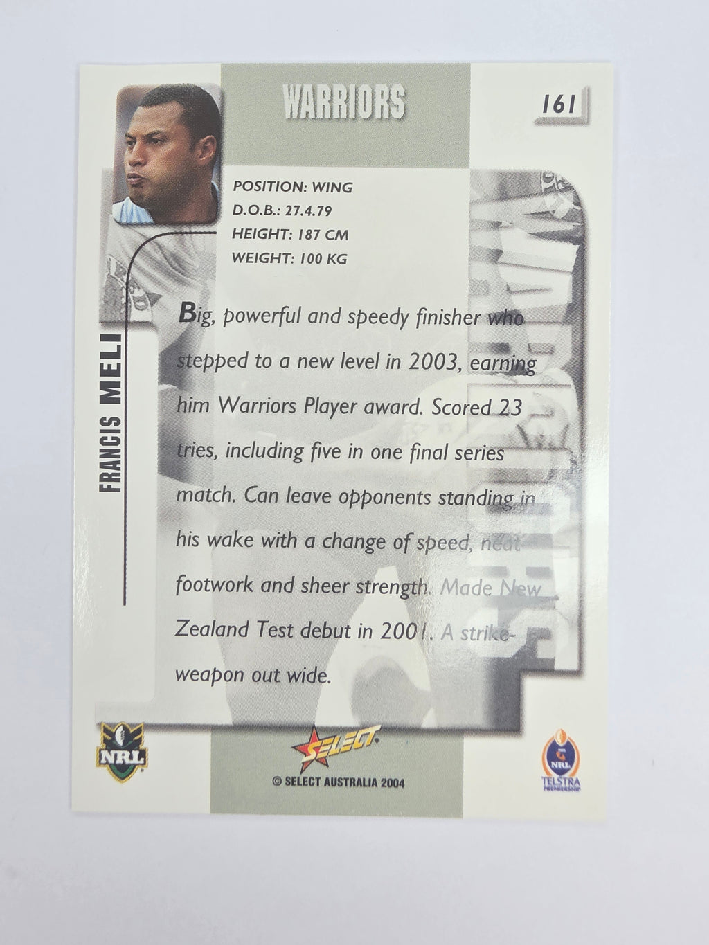 NRL 2004 Authentic Base Card #161 Francis Meli New Zealand Warriors
