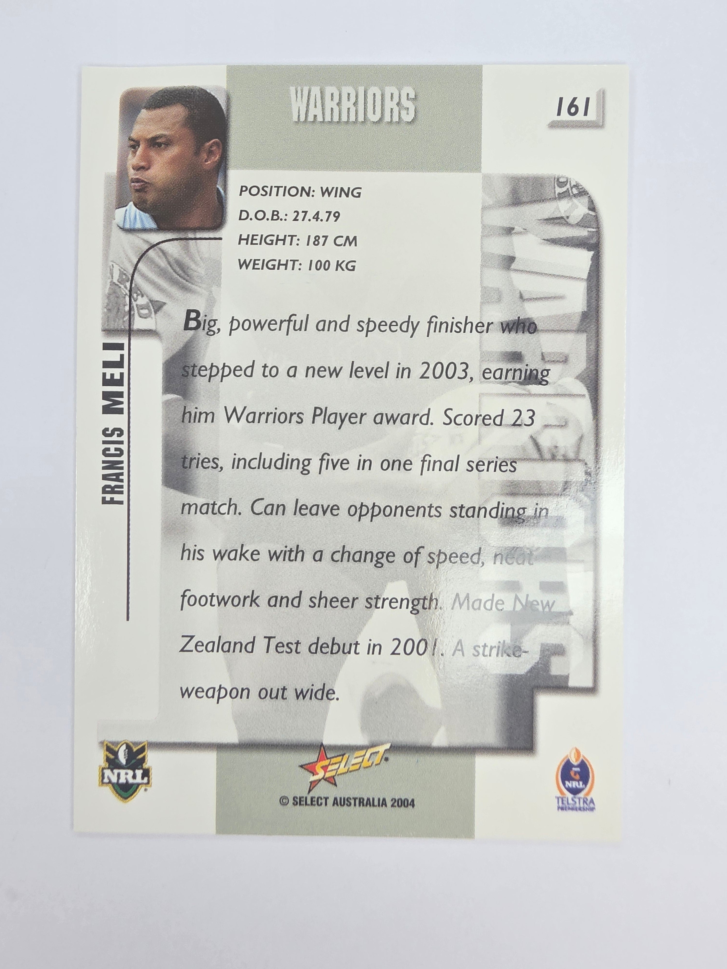 NRL 2004 Authentic Base Card #161 Francis Meli New Zealand Warriors