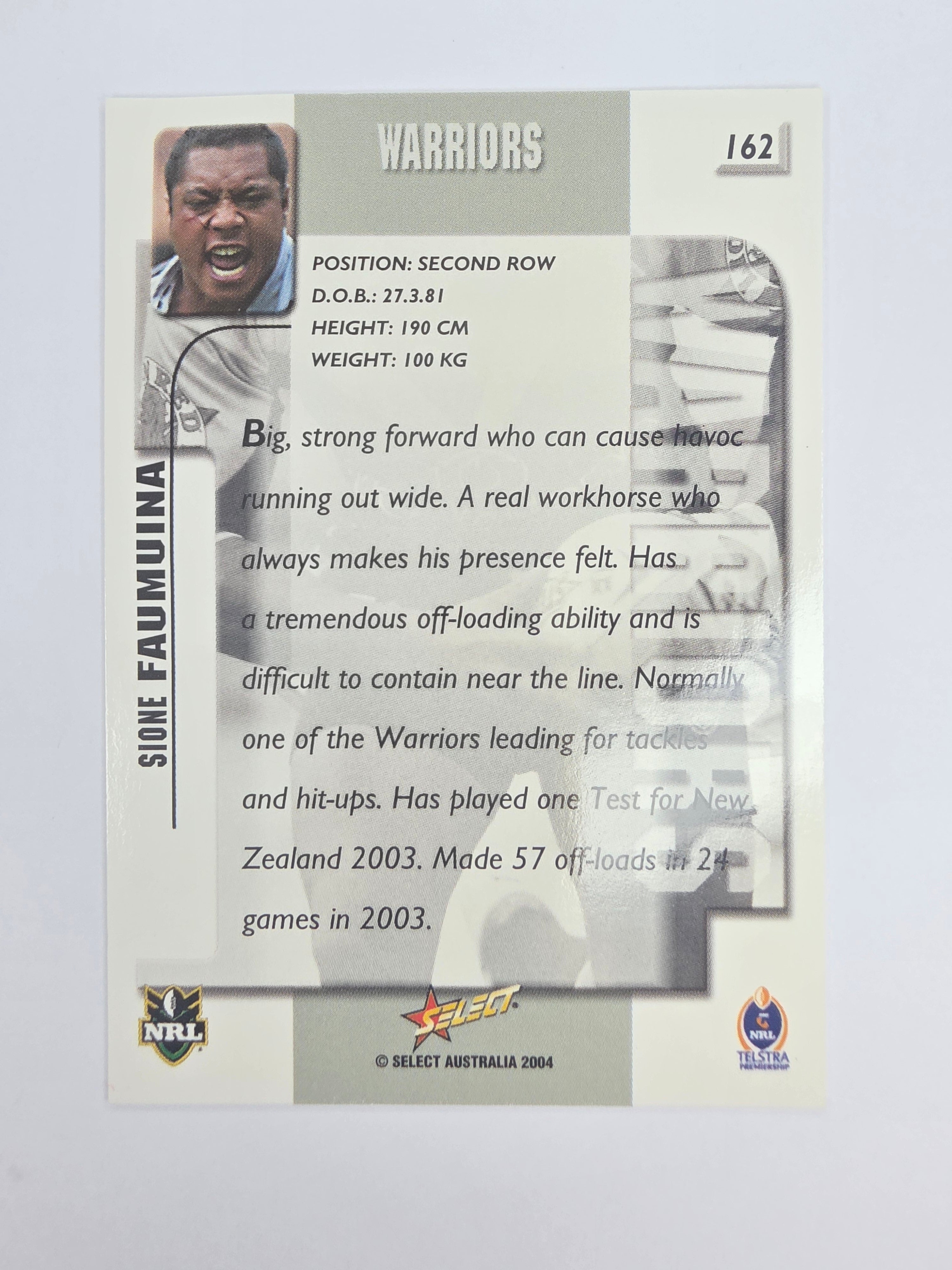 NRL 2004 Authentic Base Card #162 Sione Faumuina New Zealand Warriors