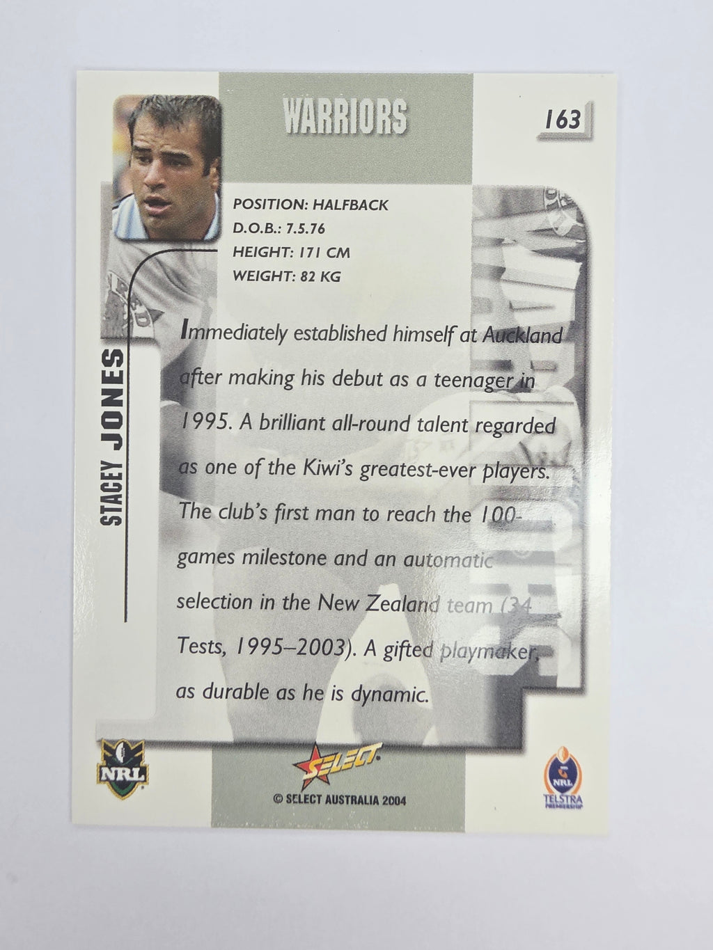 NRL 2004 Authentic Base Card #163 Stacey Jones New Zealand Warriors