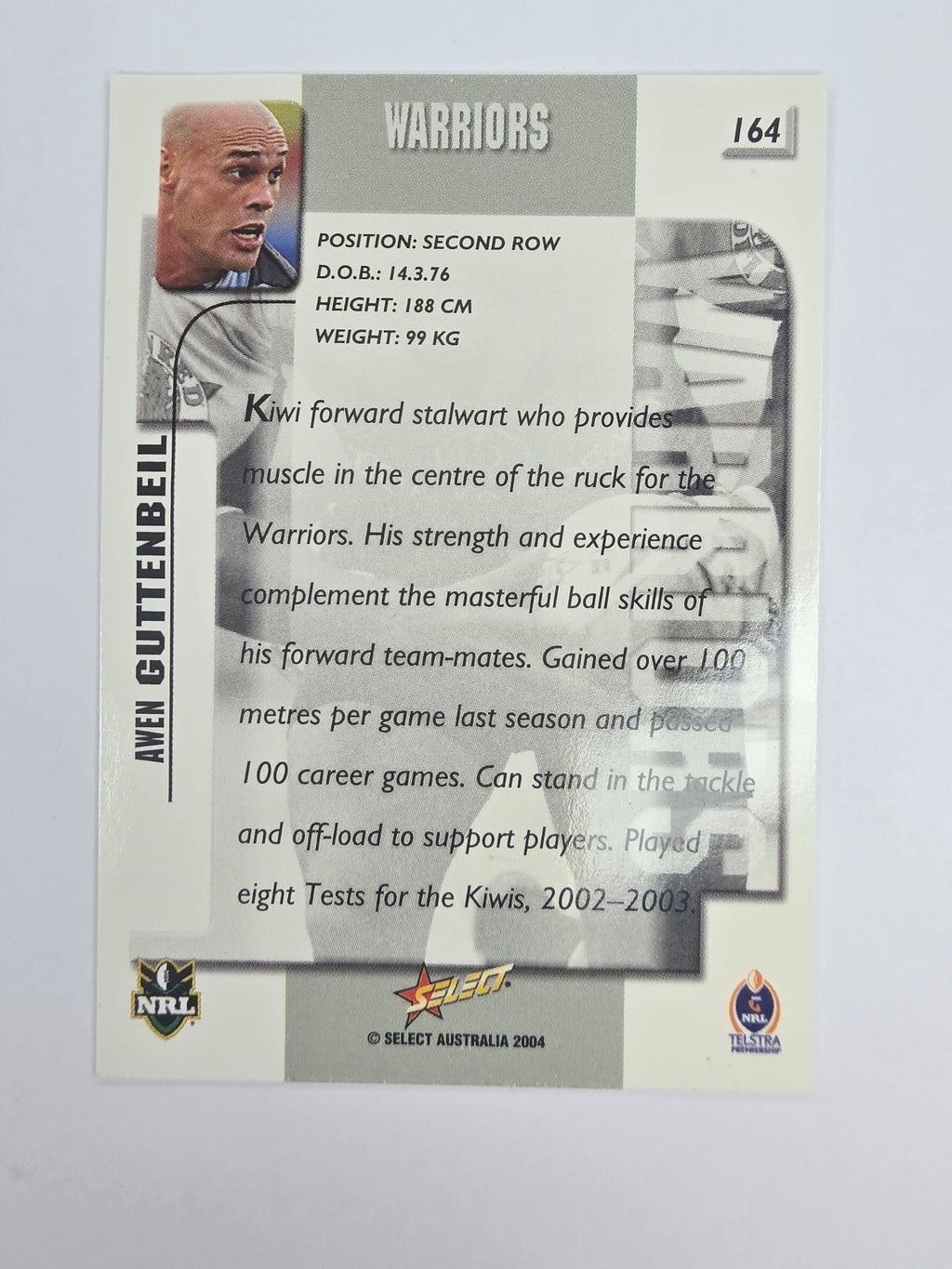 NRL 2004 Authentic Base Card #164 Awen Guttenbeil New Zealand Warriors