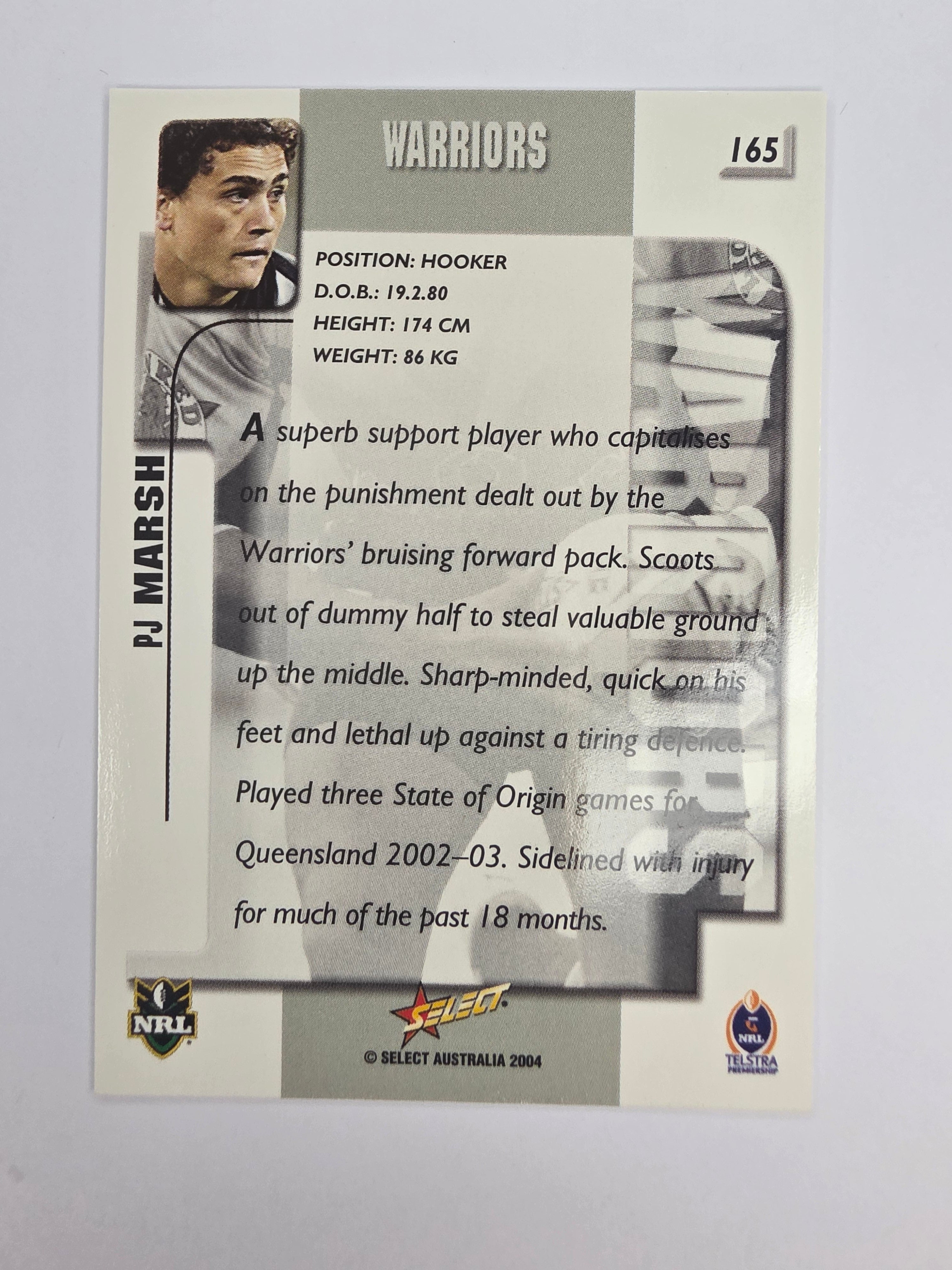 NRL 2004 Authentic Base Card #165 PJ Marsh New Zealand Warriors
