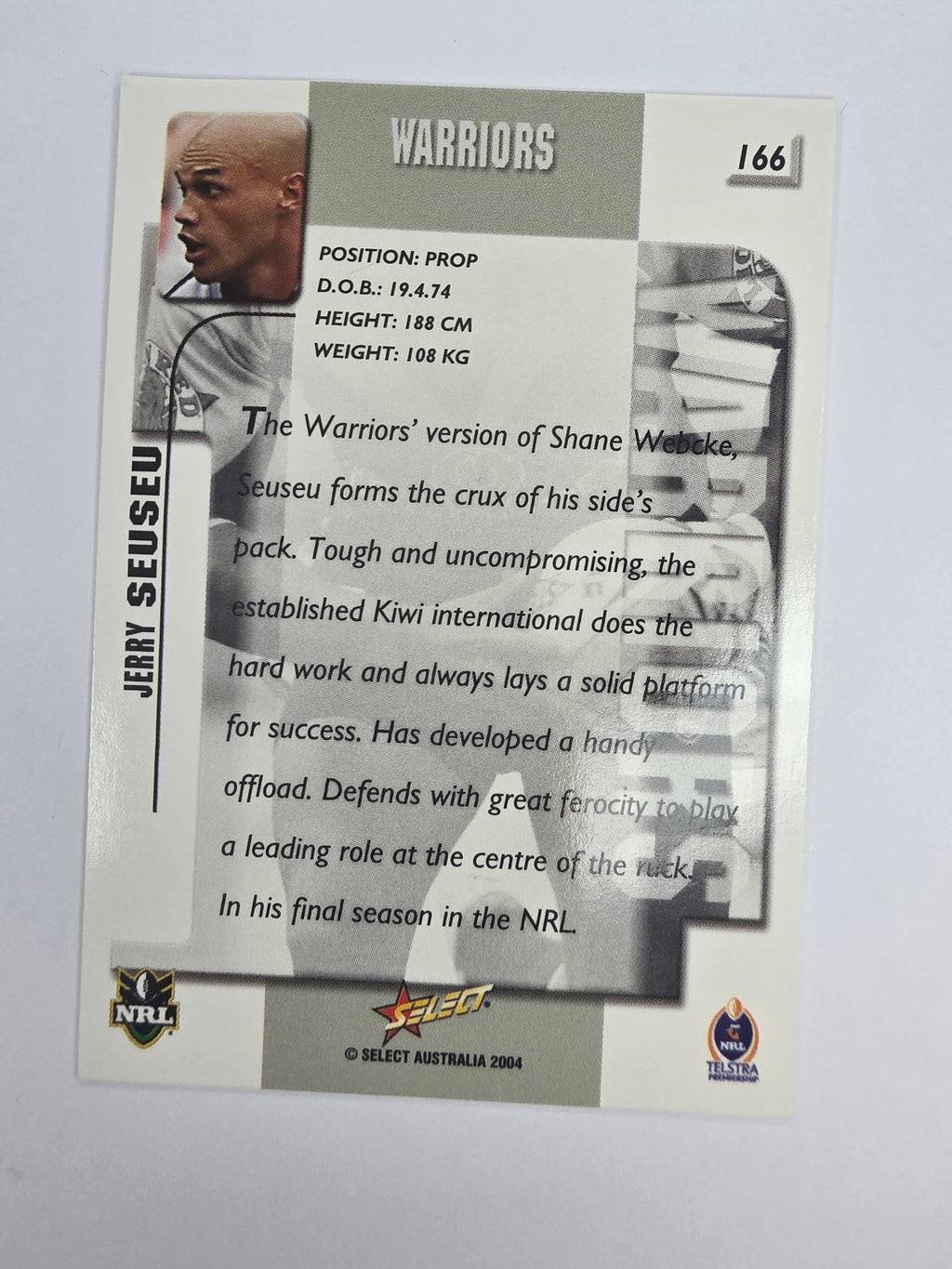 NRL 2004 Authentic Base Card #166 Jerry Seuseu New Zealand Warriors