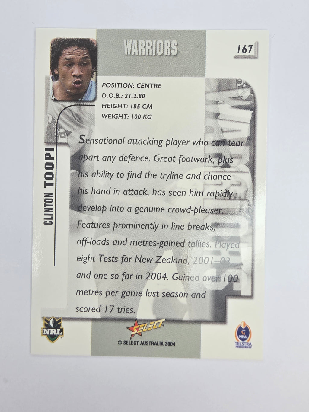 NRL 2004 Authentic Base Card #167 Clinton Toopi New Zealand Warriors