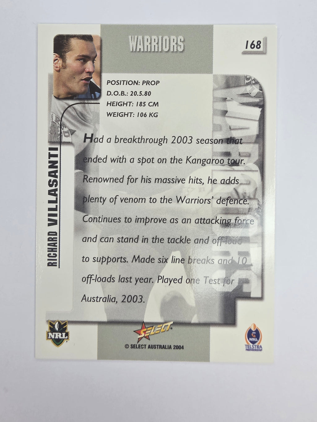 NRL 2004 Authentic Base Card #168 Richard Villasanti New Zealand Warriors