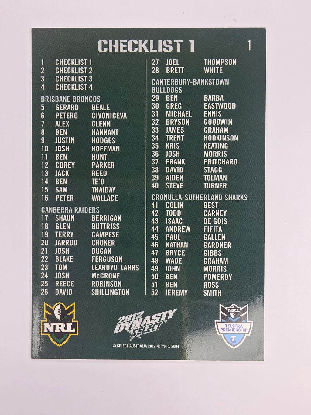 NRL 2012 Dynasty Base Card #1 Checklist 1