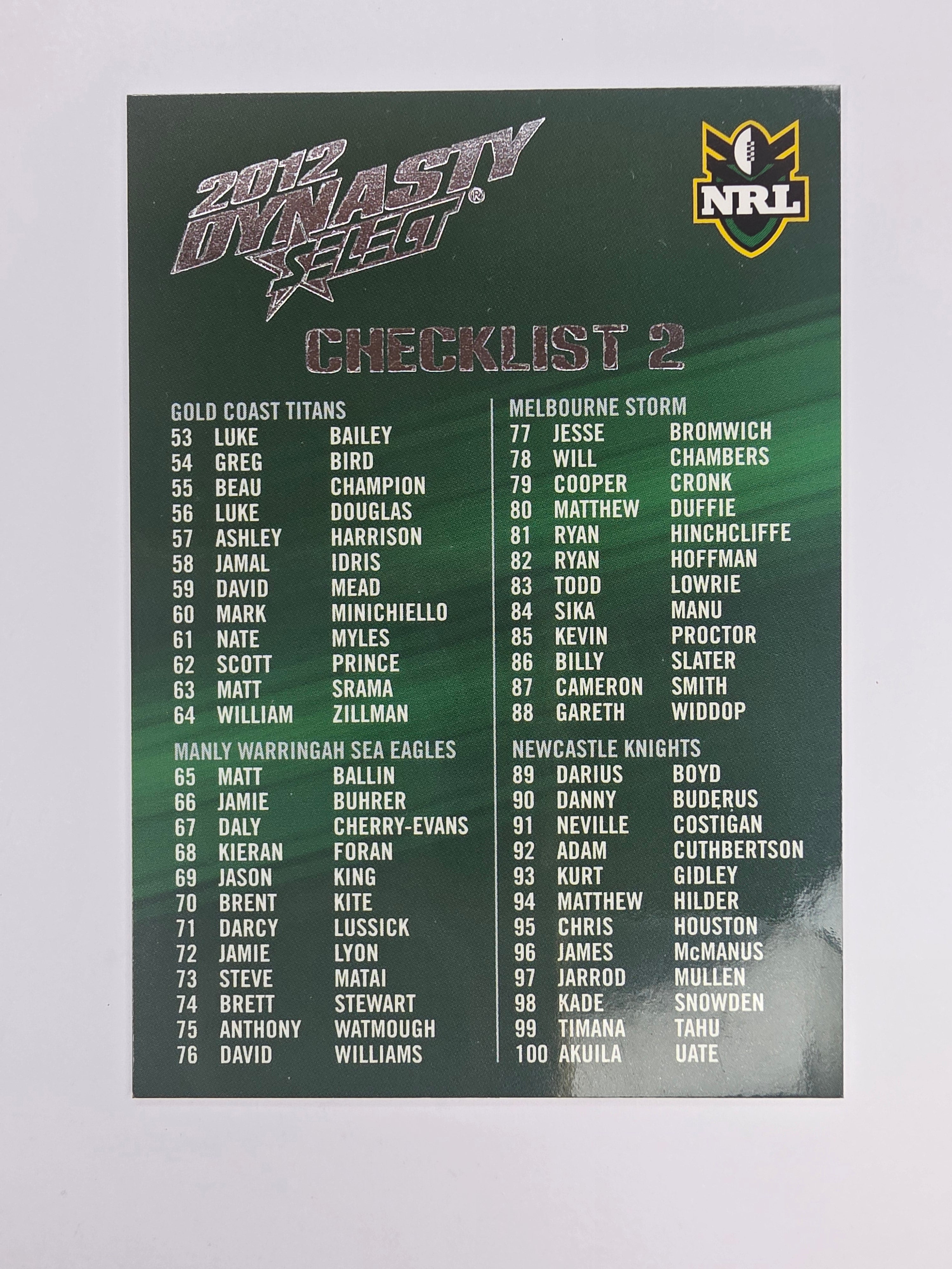 NRL 2012 Dynasty Base Card #2 Checklist 2