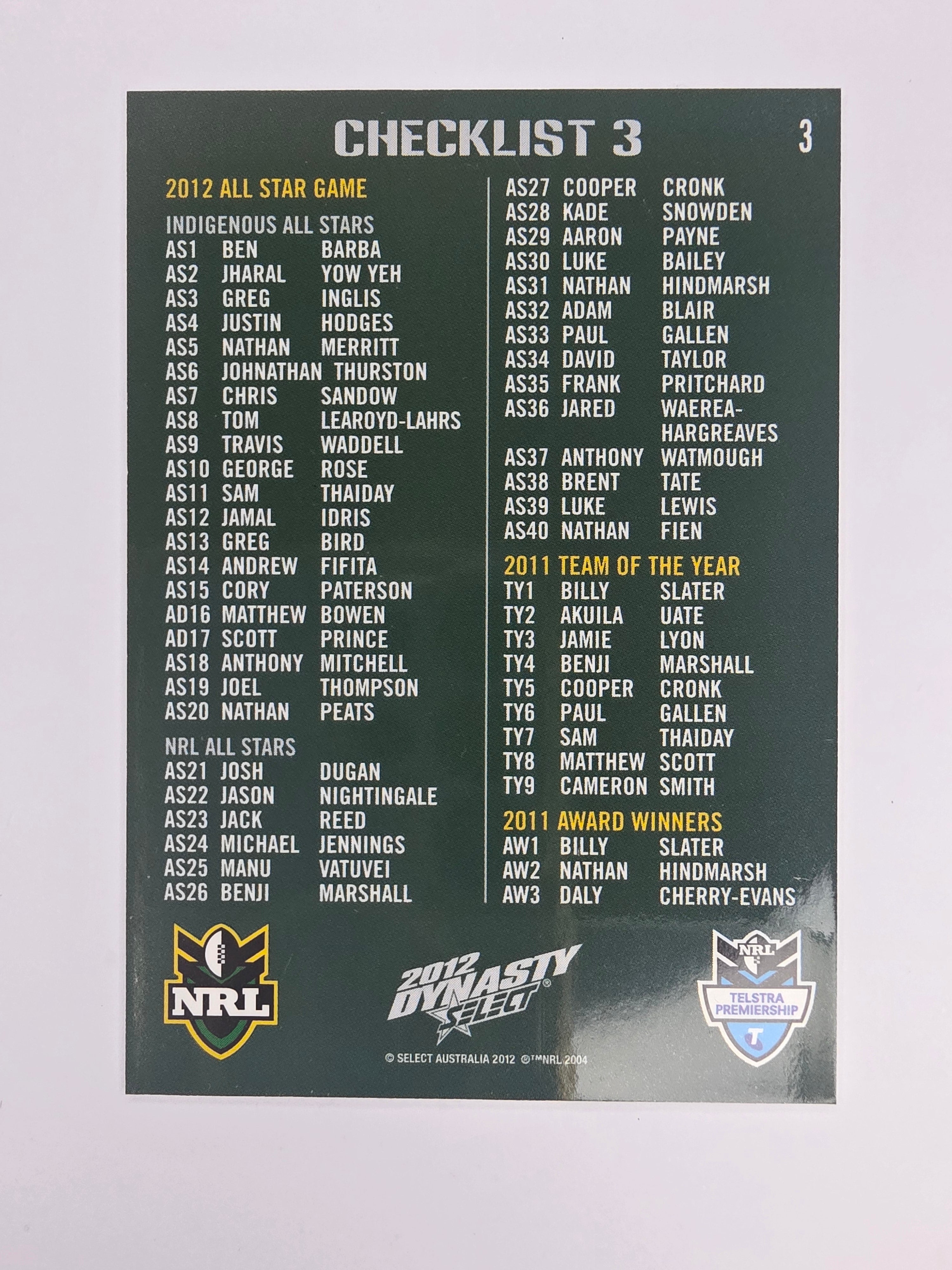 NRL 2012 Dynasty Base Card #3 Checklist 3