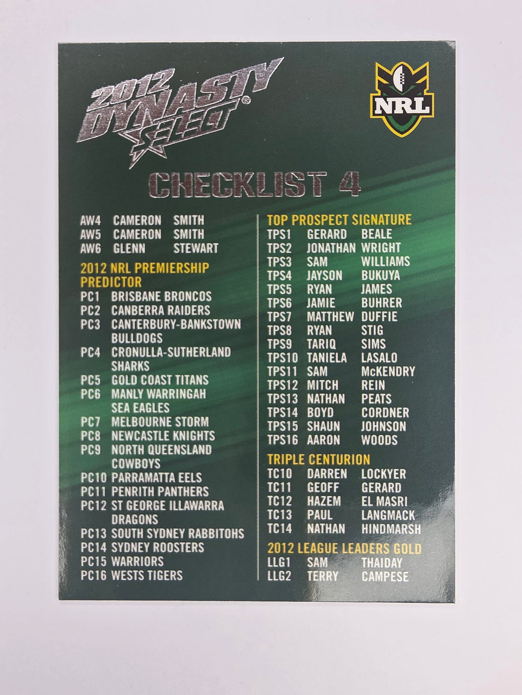 NRL 2012 Dynasty Base Card #4 Checklist 4