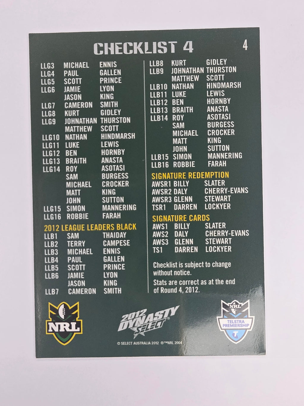 NRL 2012 Dynasty Base Card #4 Checklist 4
