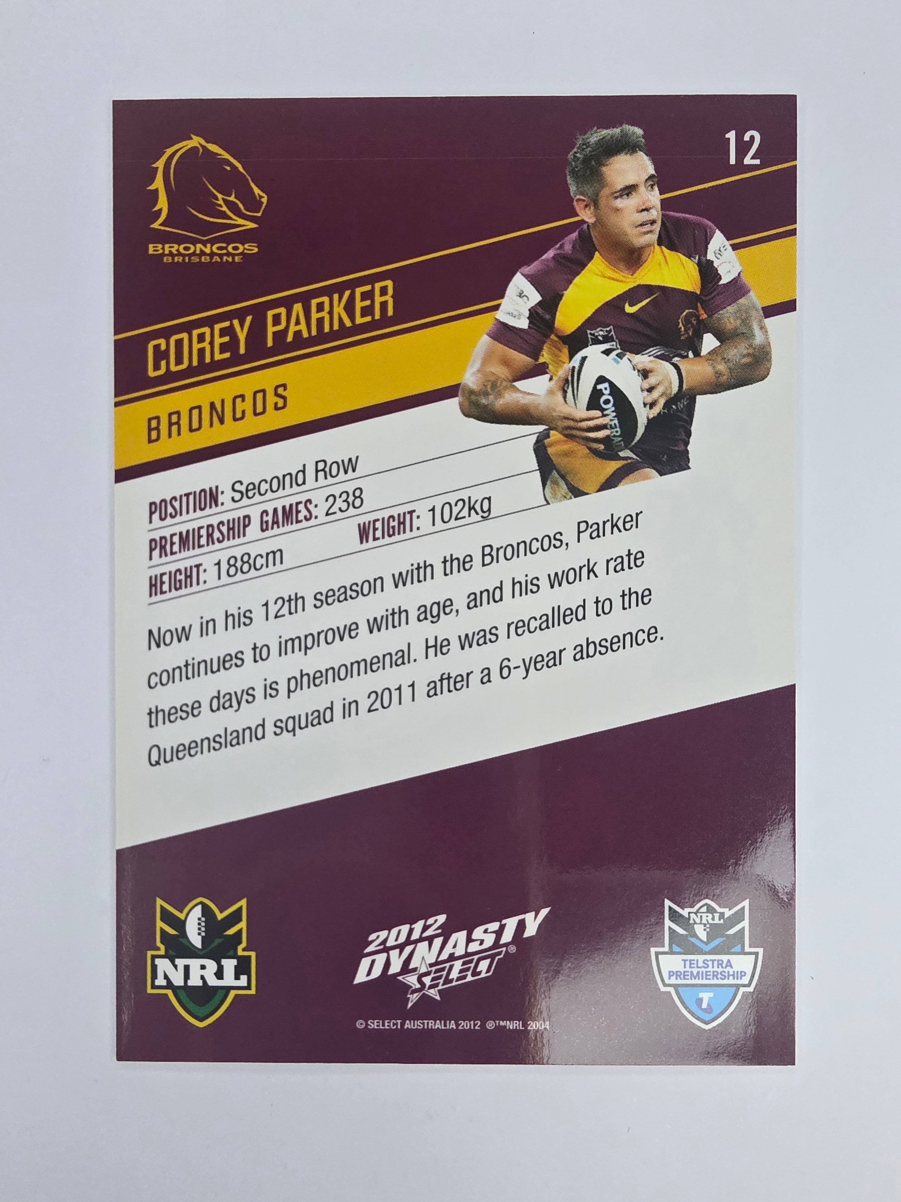 NRL 2012 Dynasty Base Card #12 Corey Parker Brisbane Broncos