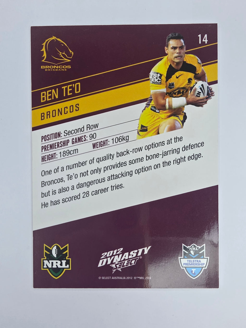 NRL 2012 Dynasty Base Card #14 Ben Te’o Brisbane Broncos