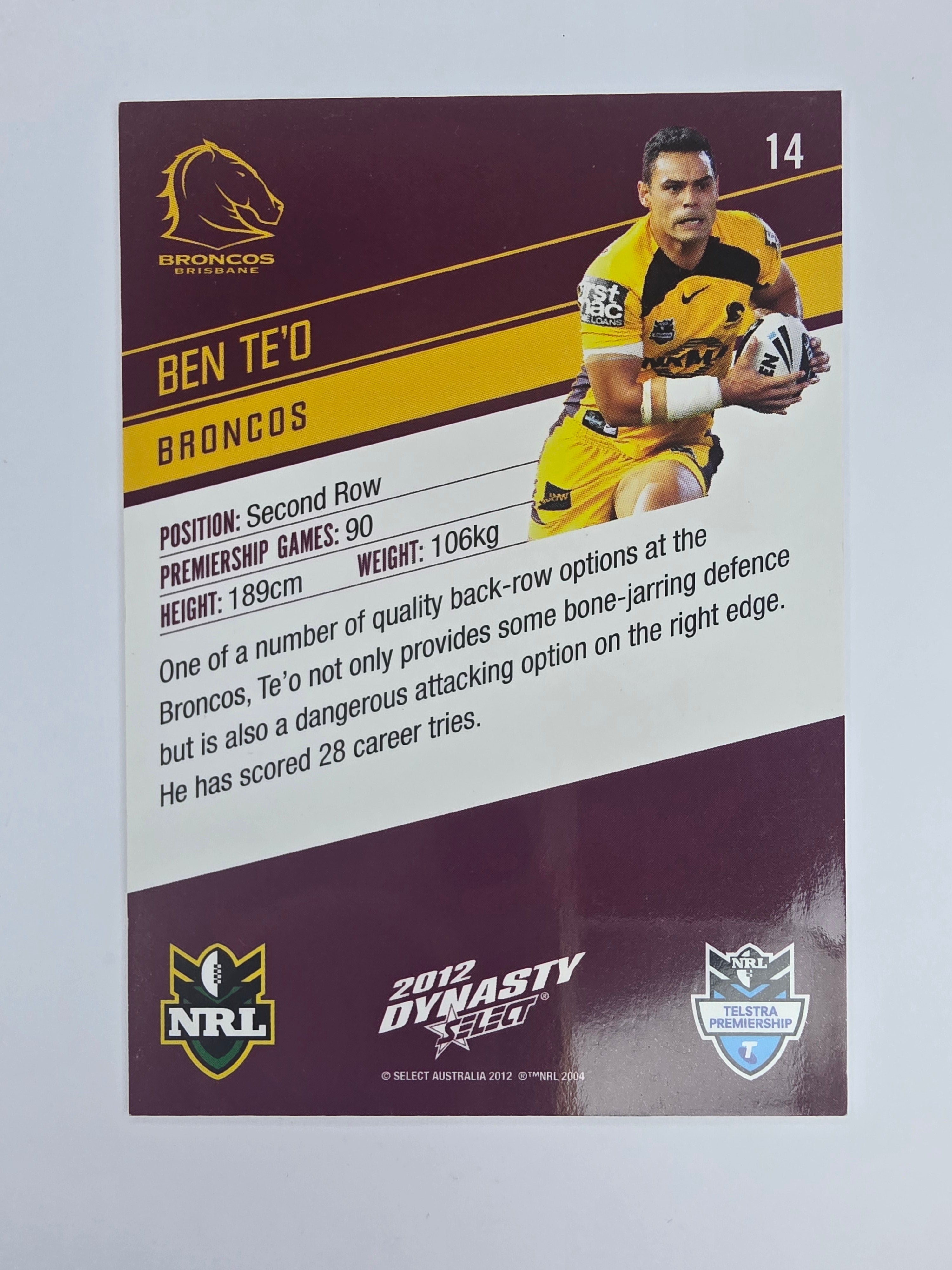 NRL 2012 Dynasty Base Card #14 Ben Te’o Brisbane Broncos