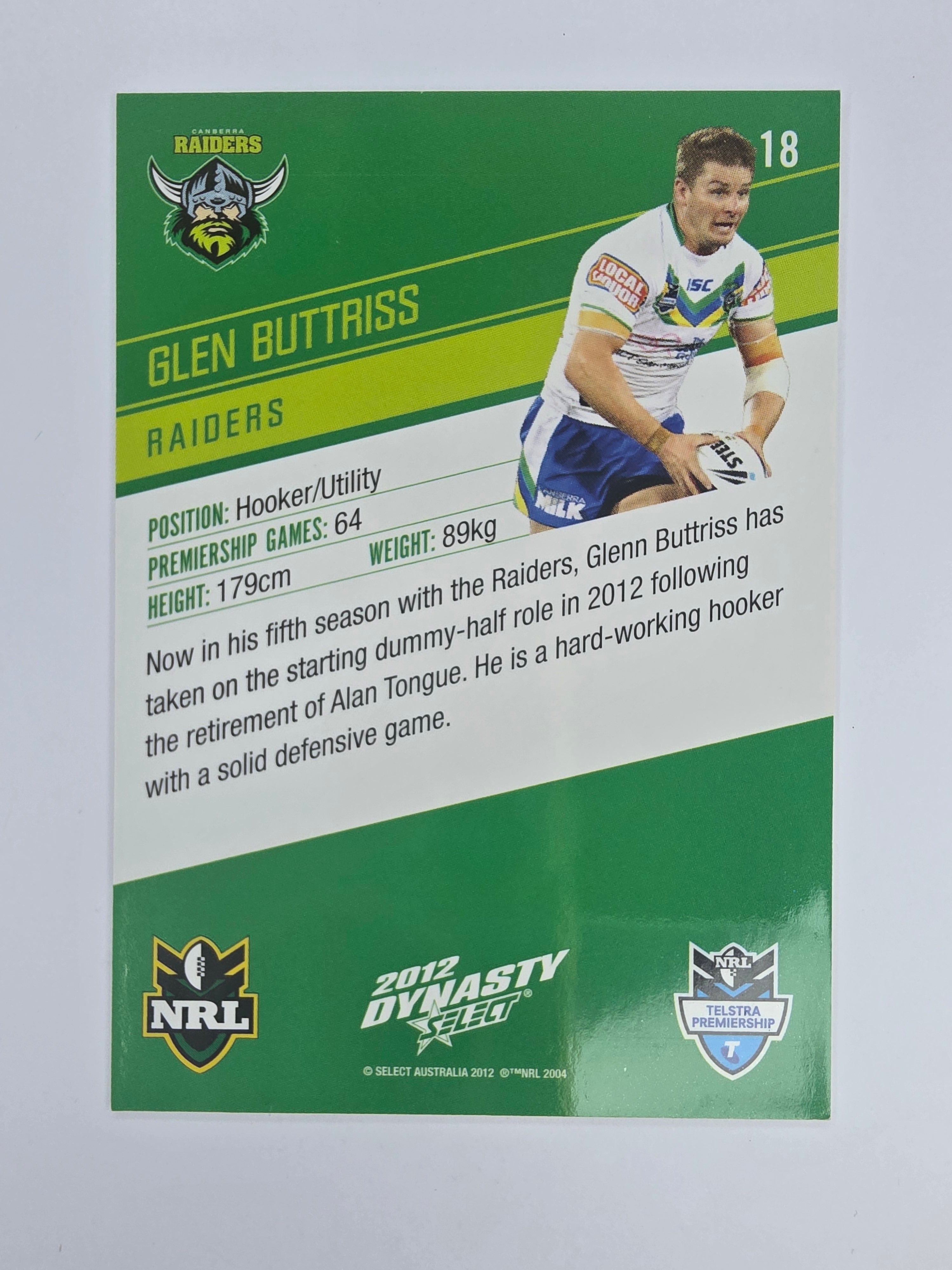 NRL 2012 Dynasty Base Card #18 Glen Buttriss Canberra Raiders