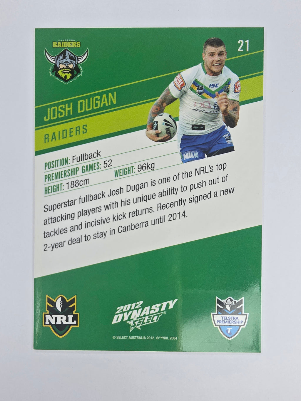 NRL 2012 Dynasty Base Card #21 Josh Dugan Canberra Raiders