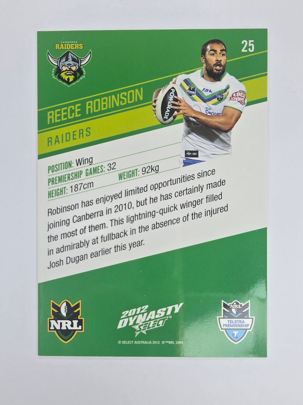 NRL 2012 Dynasty Base Card #25 Reece Robinson Canberra Raiders